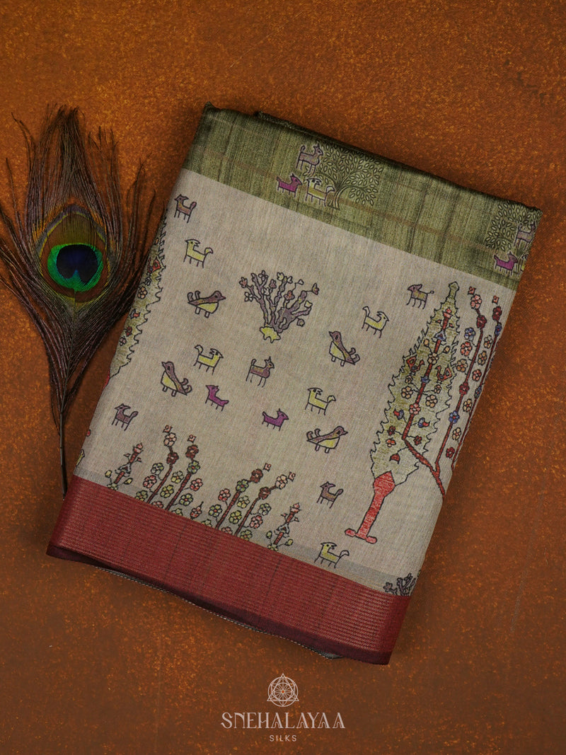 Olive Green Munga Tussar Saree