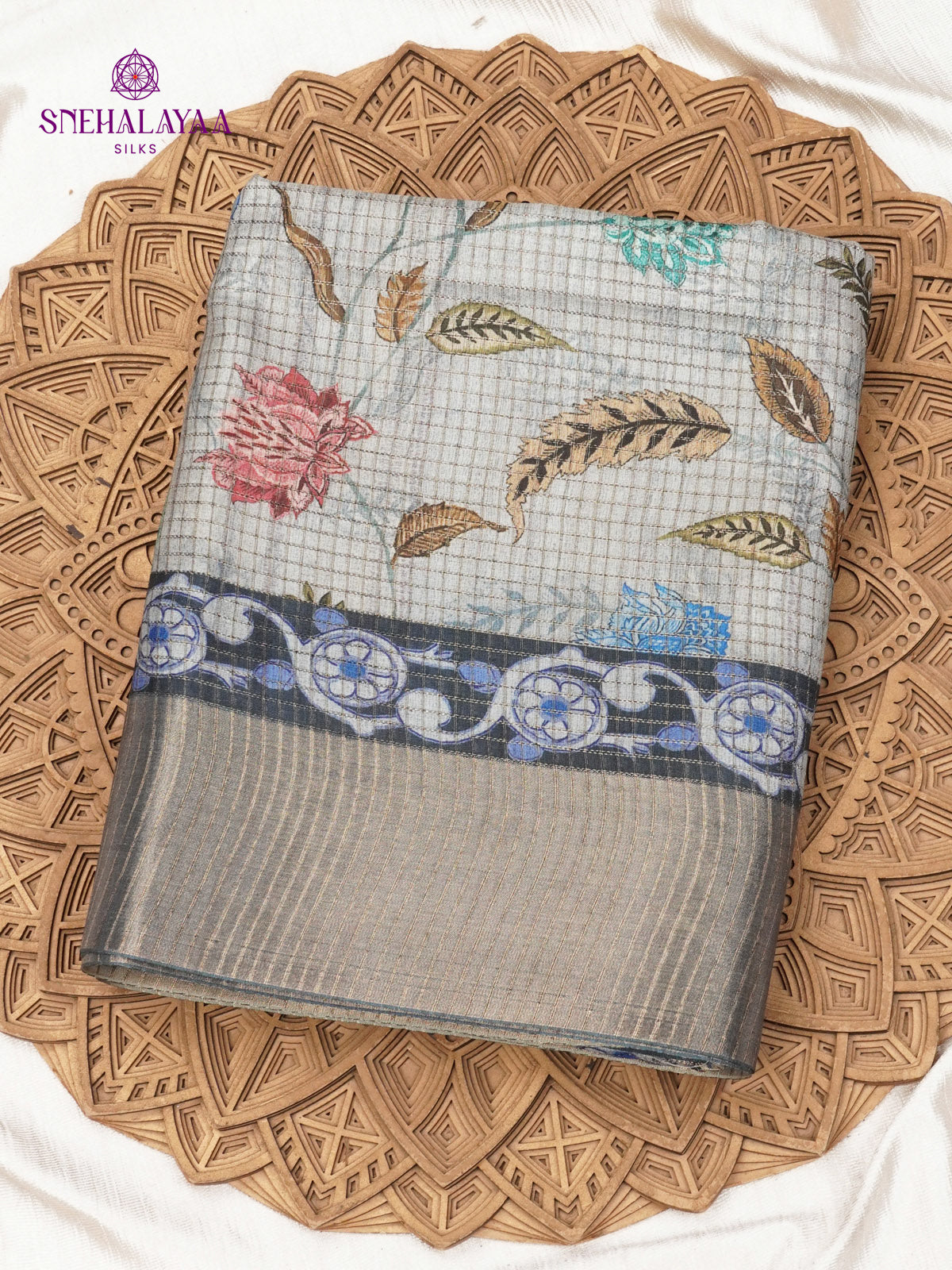 Blue Floral Printed Tussar Saree