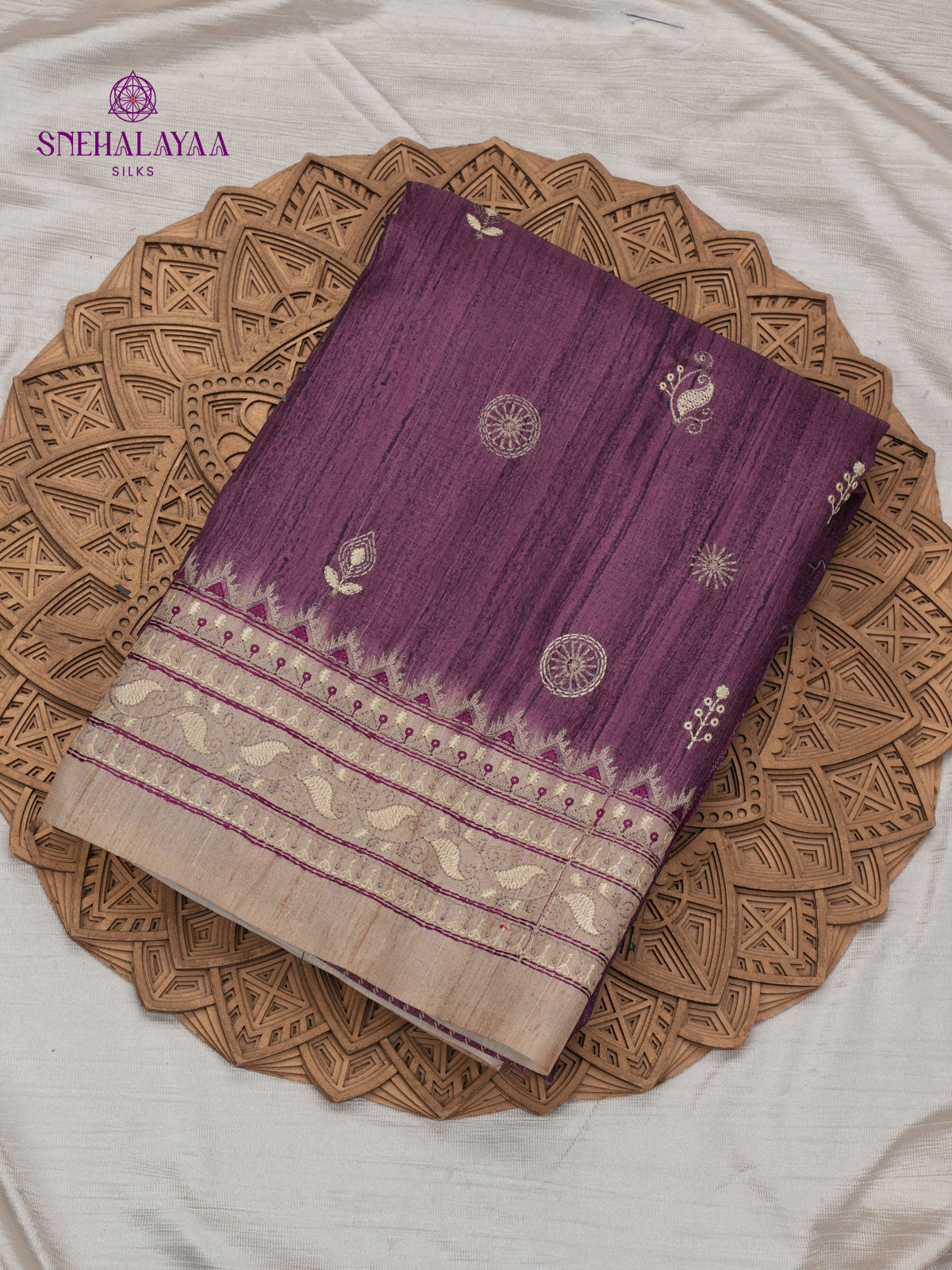 Purple Tussar Embroidery Saree