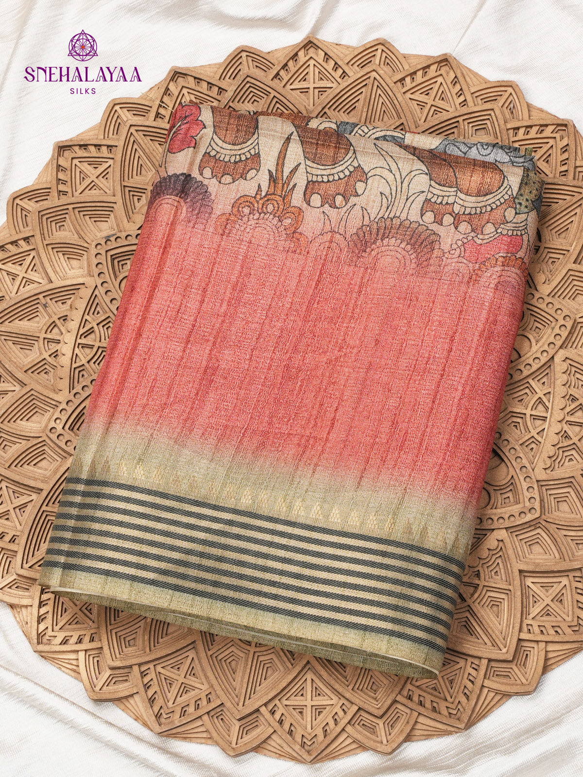 Beige With Red Border Kalamkari Tussar Saree