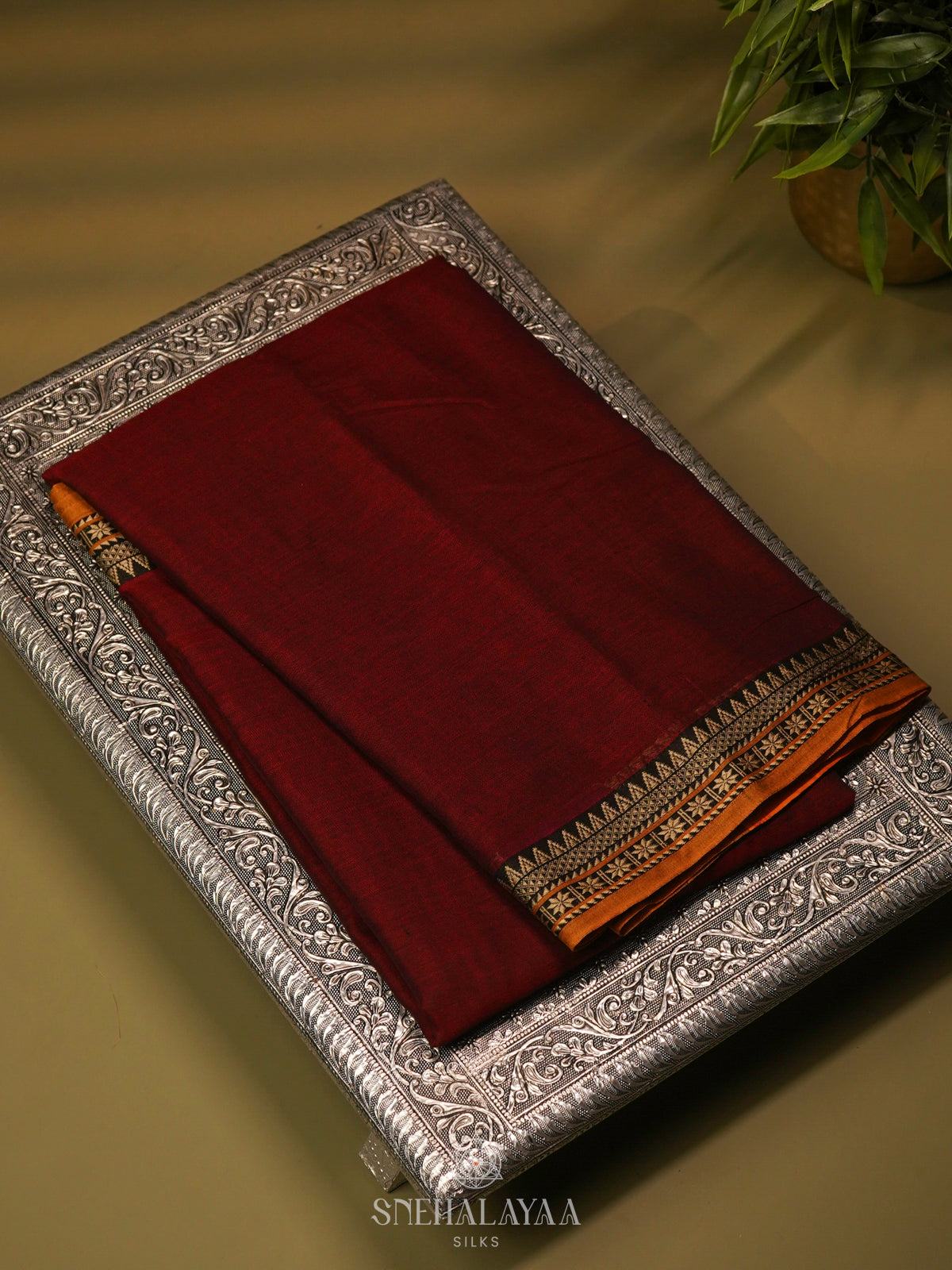 Maroon Narayanpet Cotton Saree without Blouse