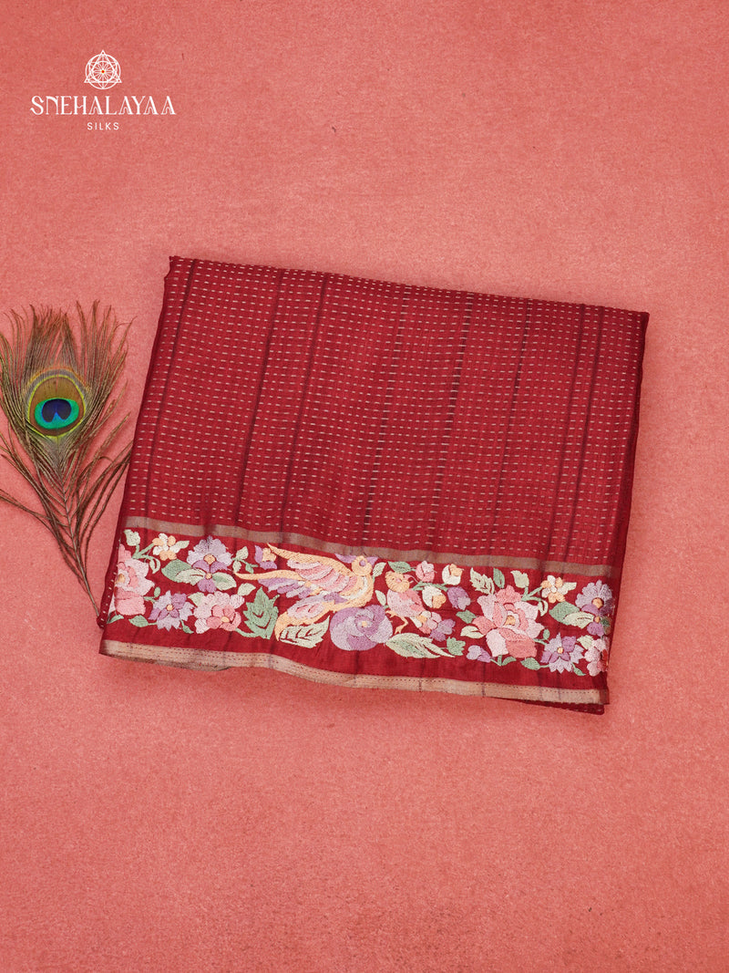 Marron Munga Tussar Embroidery Saree