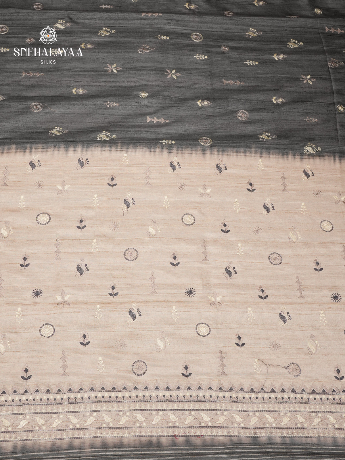 Grey Tussar Embroidery Saree