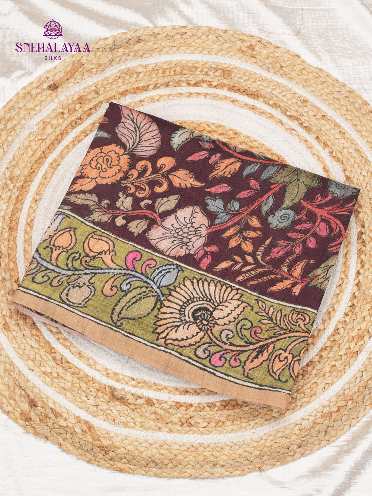 Burgundy Kalamkari Tussar Saree