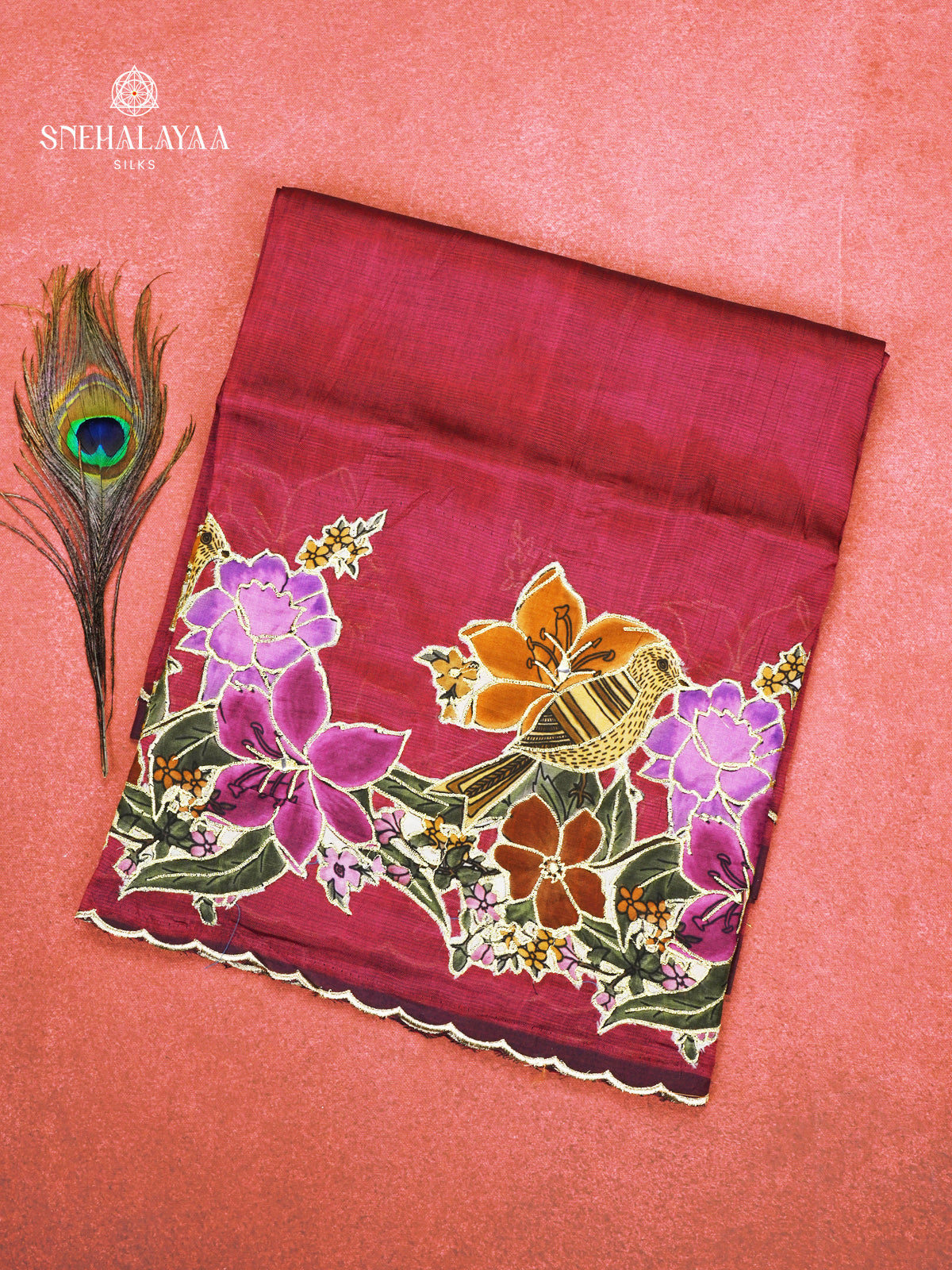 Maroon Mangalagiri Silk Cotton Saree with Floral Bird Embroidery