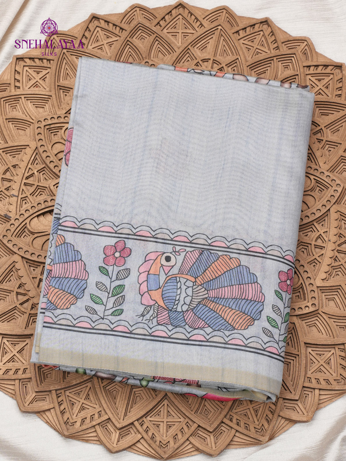 Powder Grey Madhubani Printed Saree