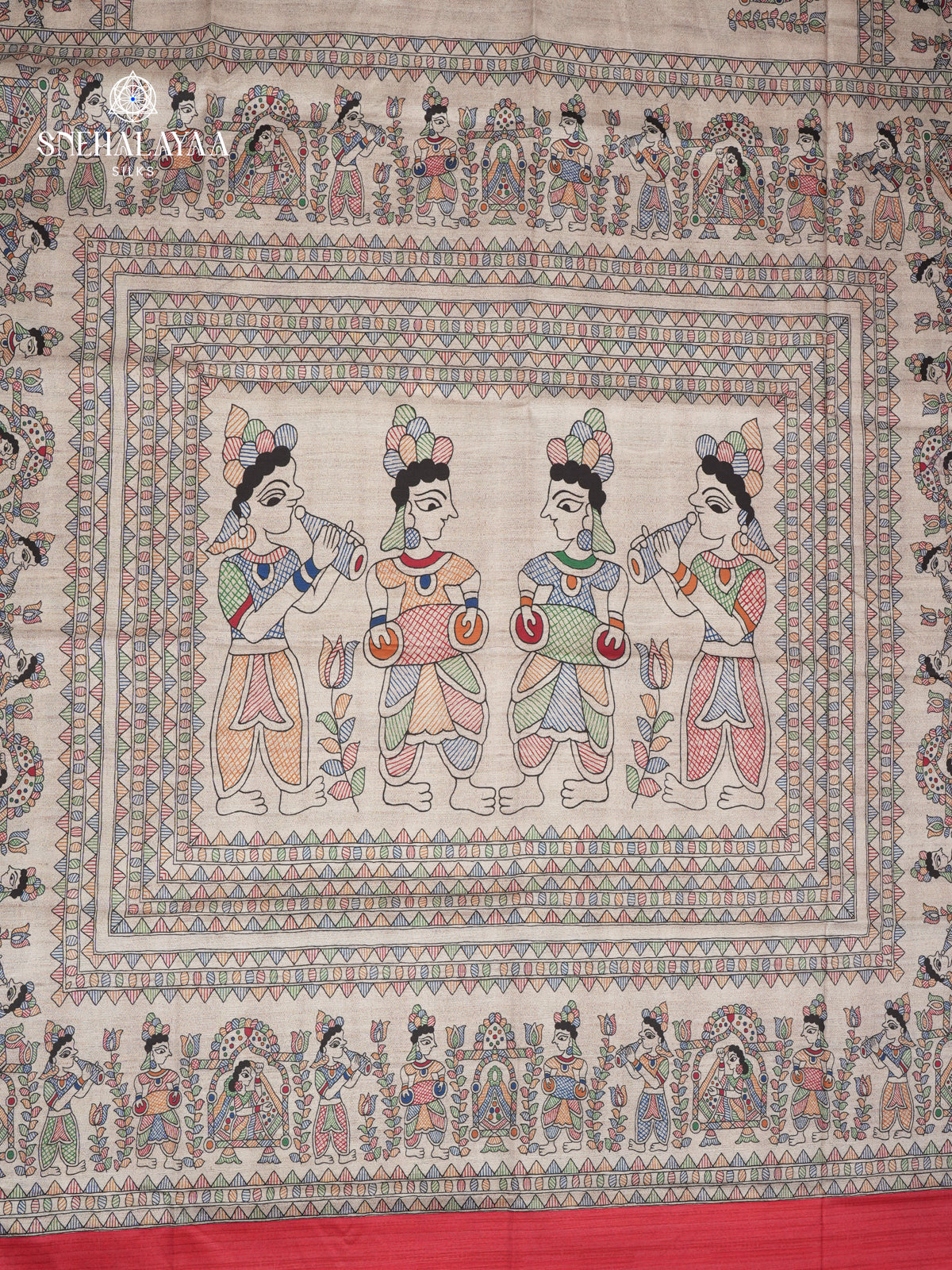 Beige With Rose Border Madhubani Saree