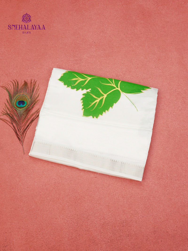 Off White Mangalagiri Silk Cotton Saree with Hand Painted Green Leaf Motifs