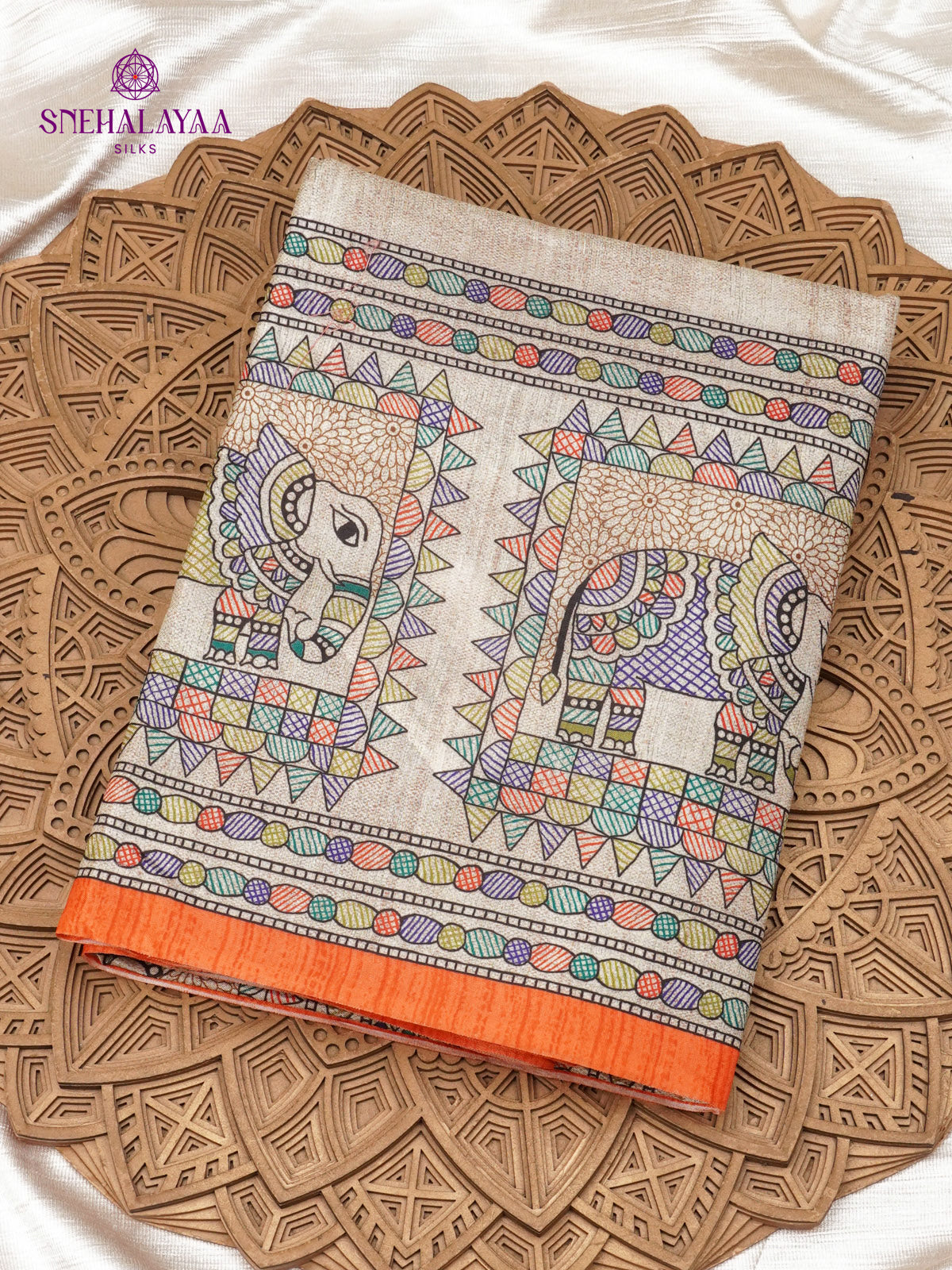 Beige With Orange Border Madhubani Saree