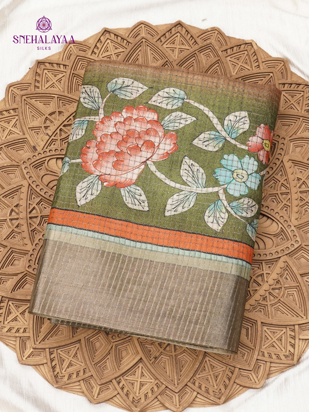 Brown Floral Printed Tussar Saree