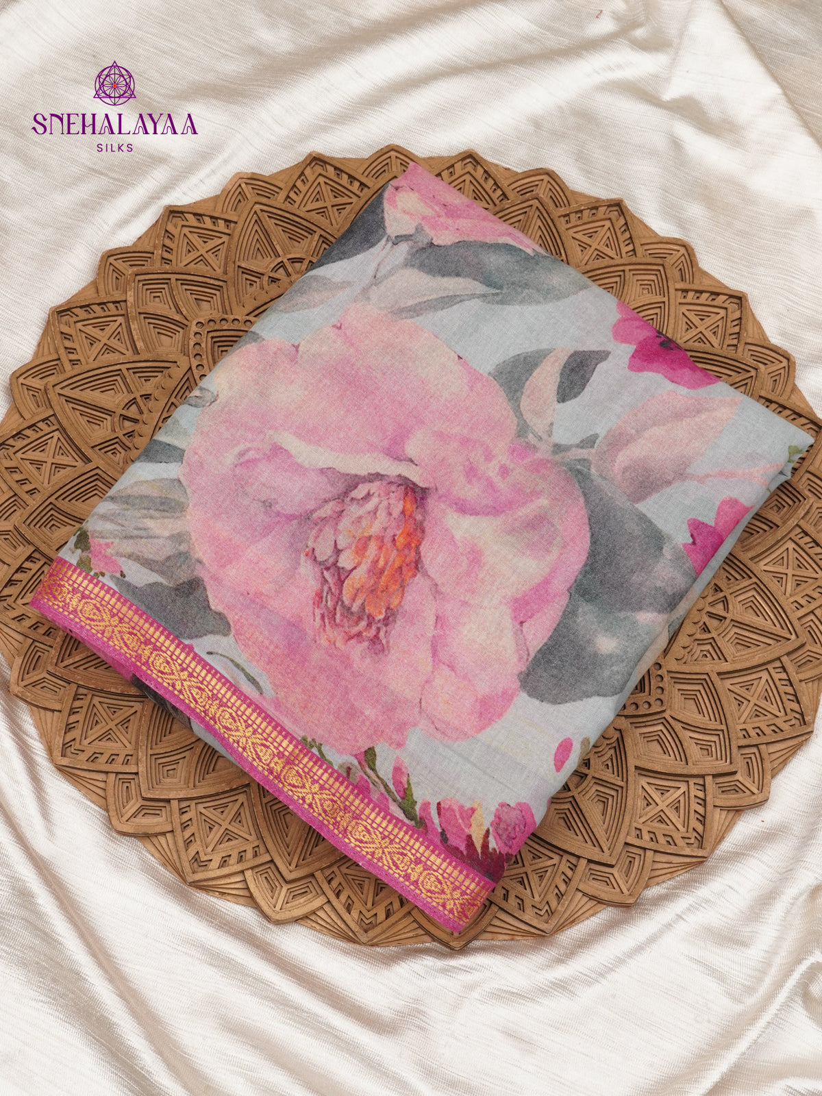 Pale Blue Printed Linen Cotton Saree