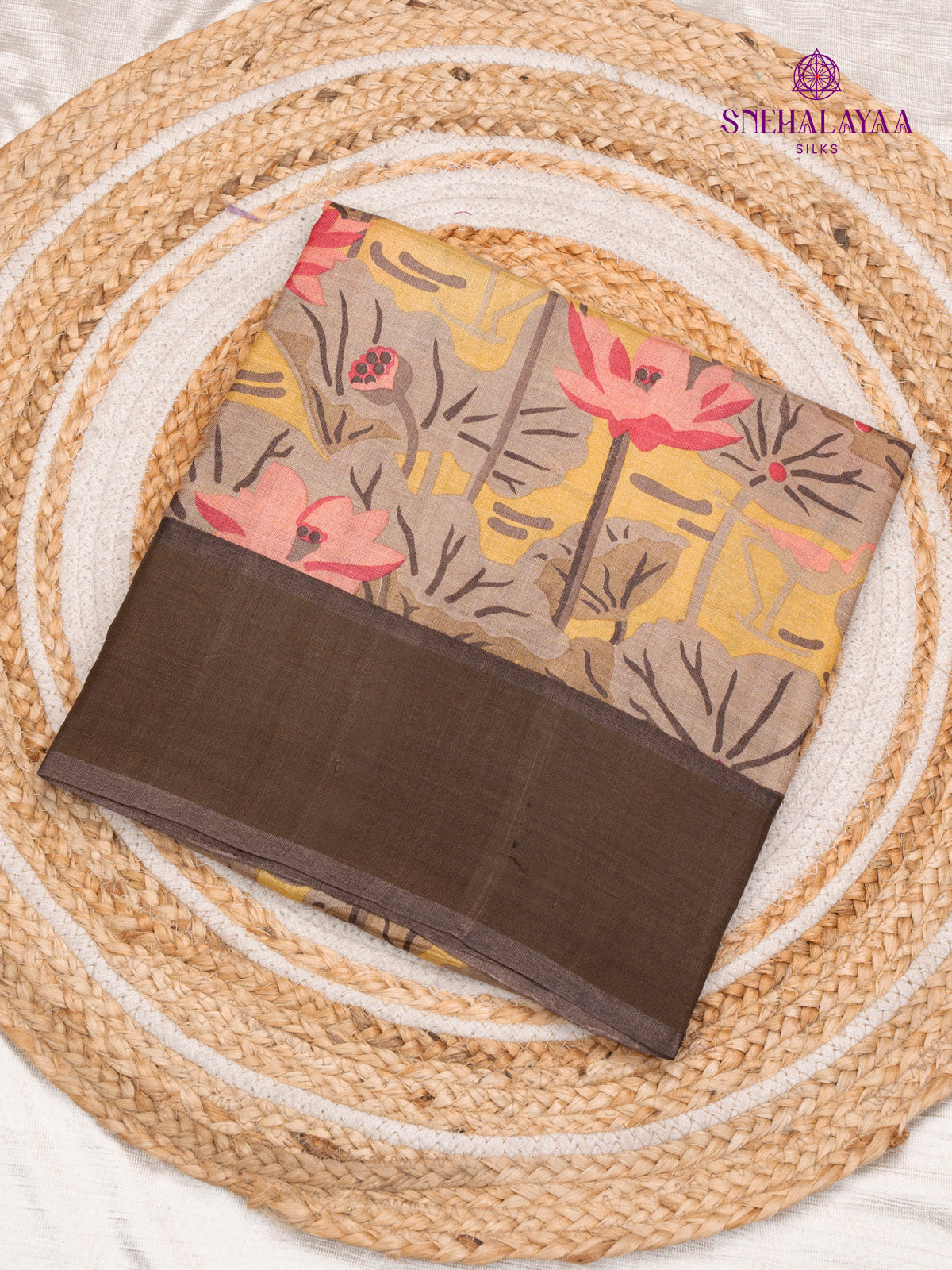 Pale Brown Printed Tussar Saree