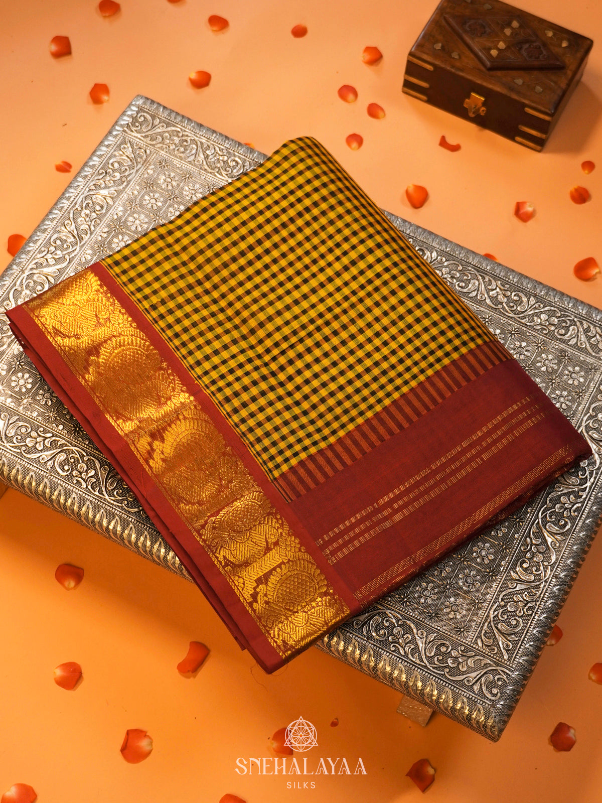 Yellow Checks Kanchi Silk Cotton Saree