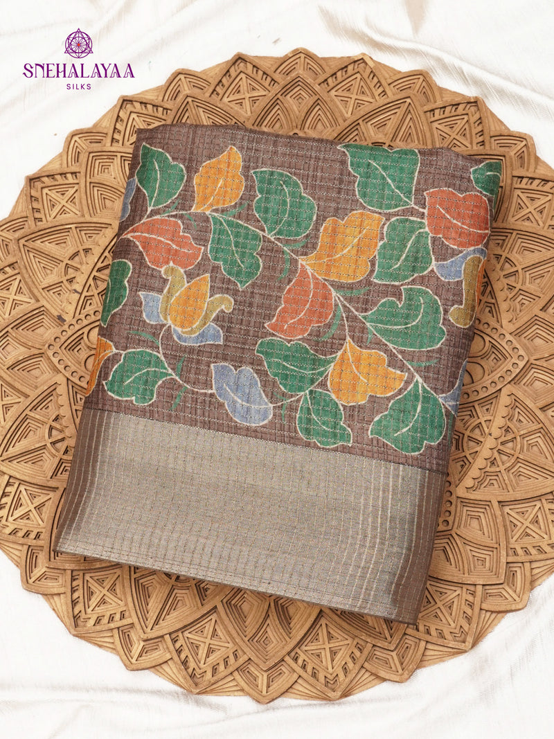 Black Floral Printed Tussar Saree