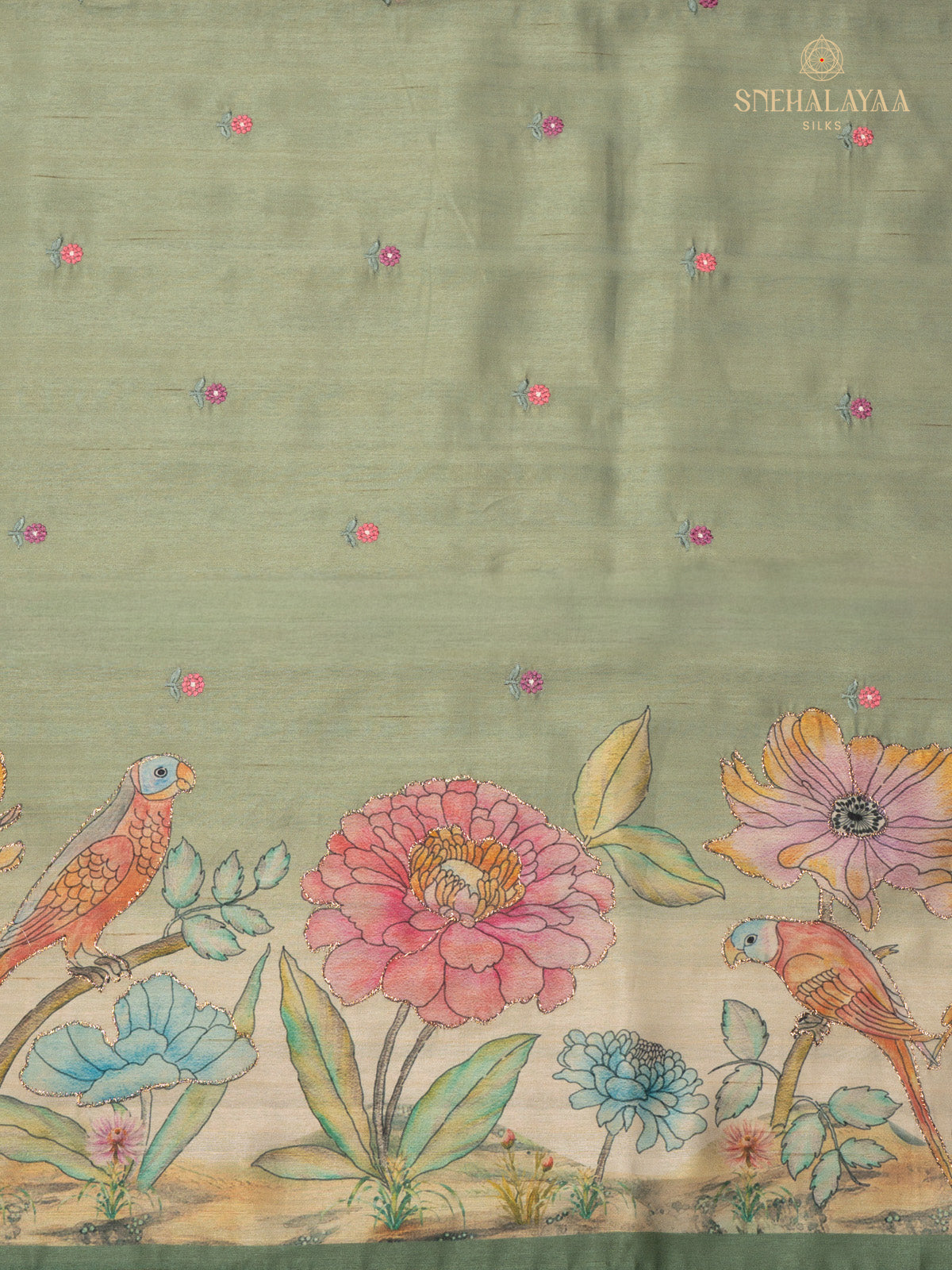 Green Raw Silk Embroidery Saree