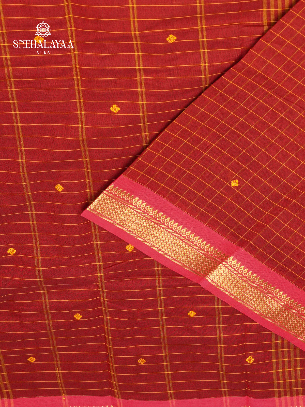 Checked Maroon Kanchi Cotton Saree with Traditional Zari Border