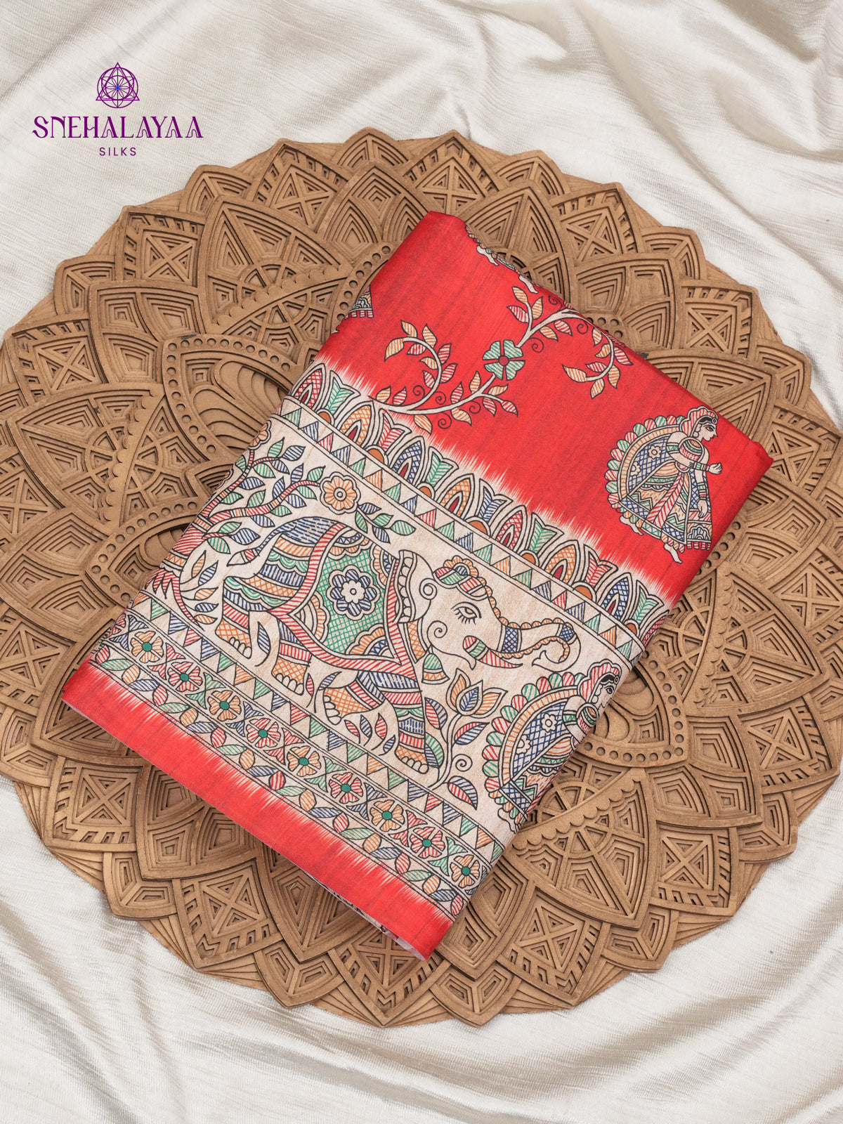 Red Madhubani Printed Saree