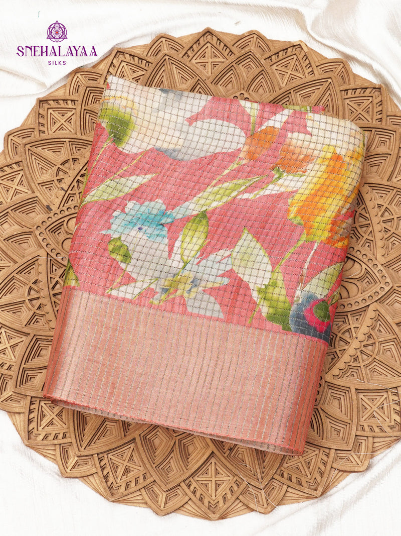 Rani Pink Floral Printed Tussar Saree