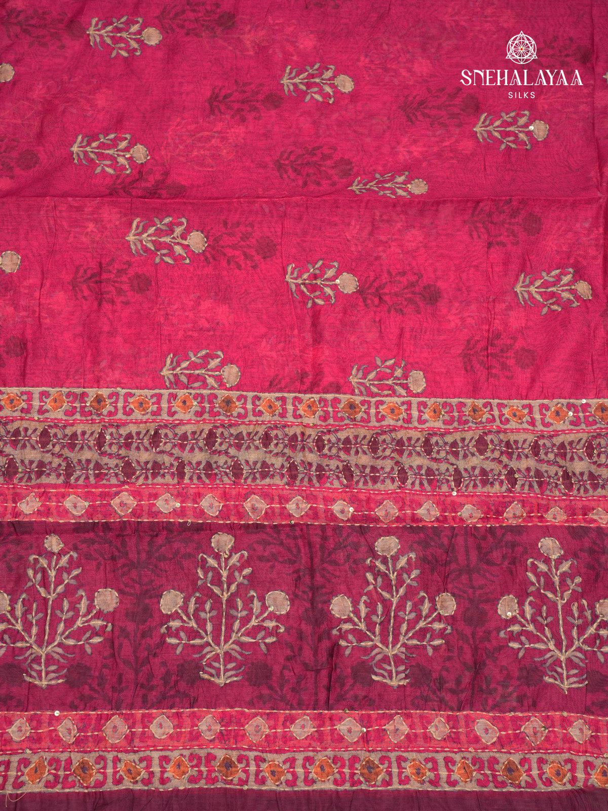 Rani Pink Linen Embroidery Saree