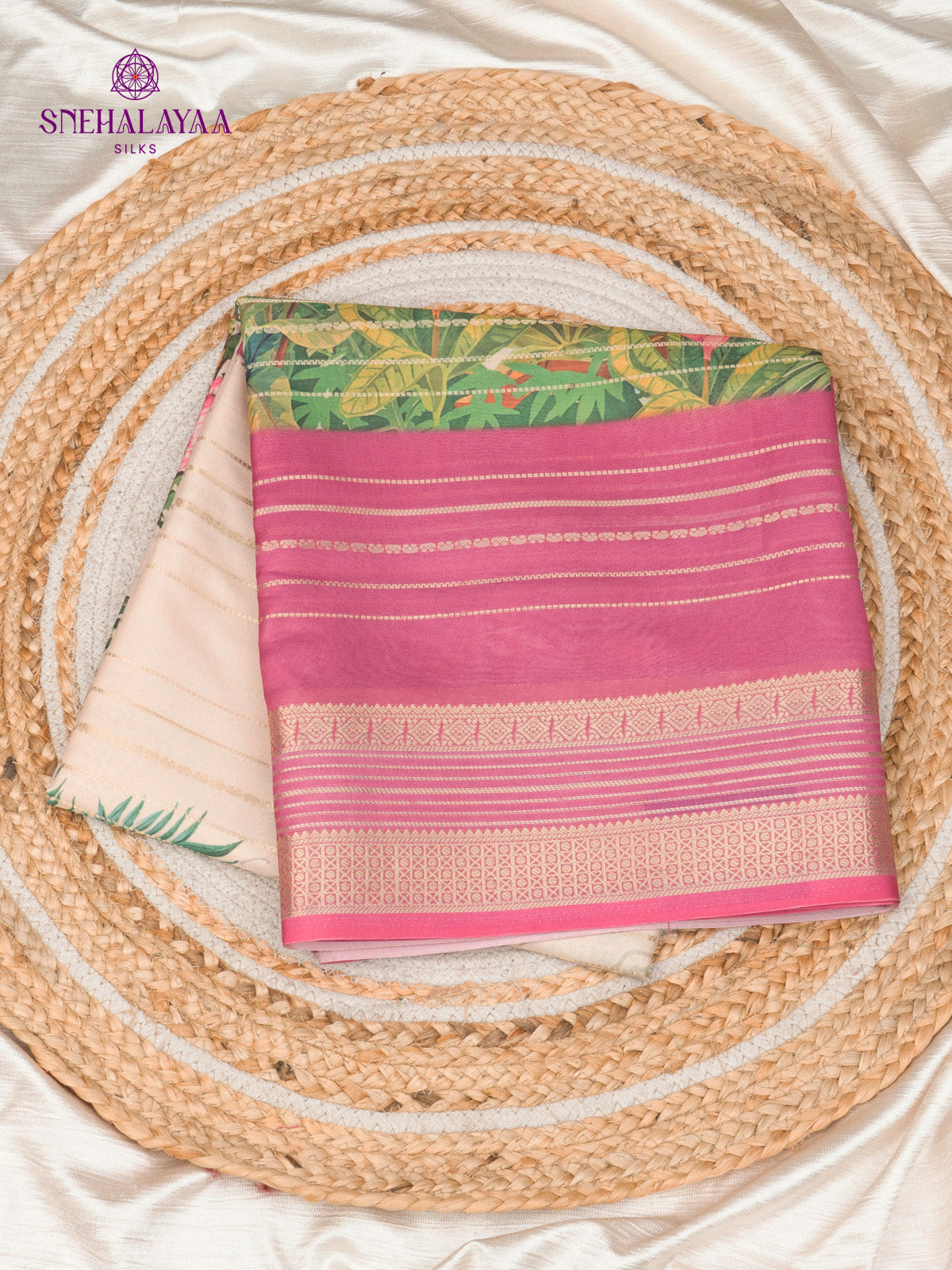 Pastel Pink Printed Mysore Silk Saree