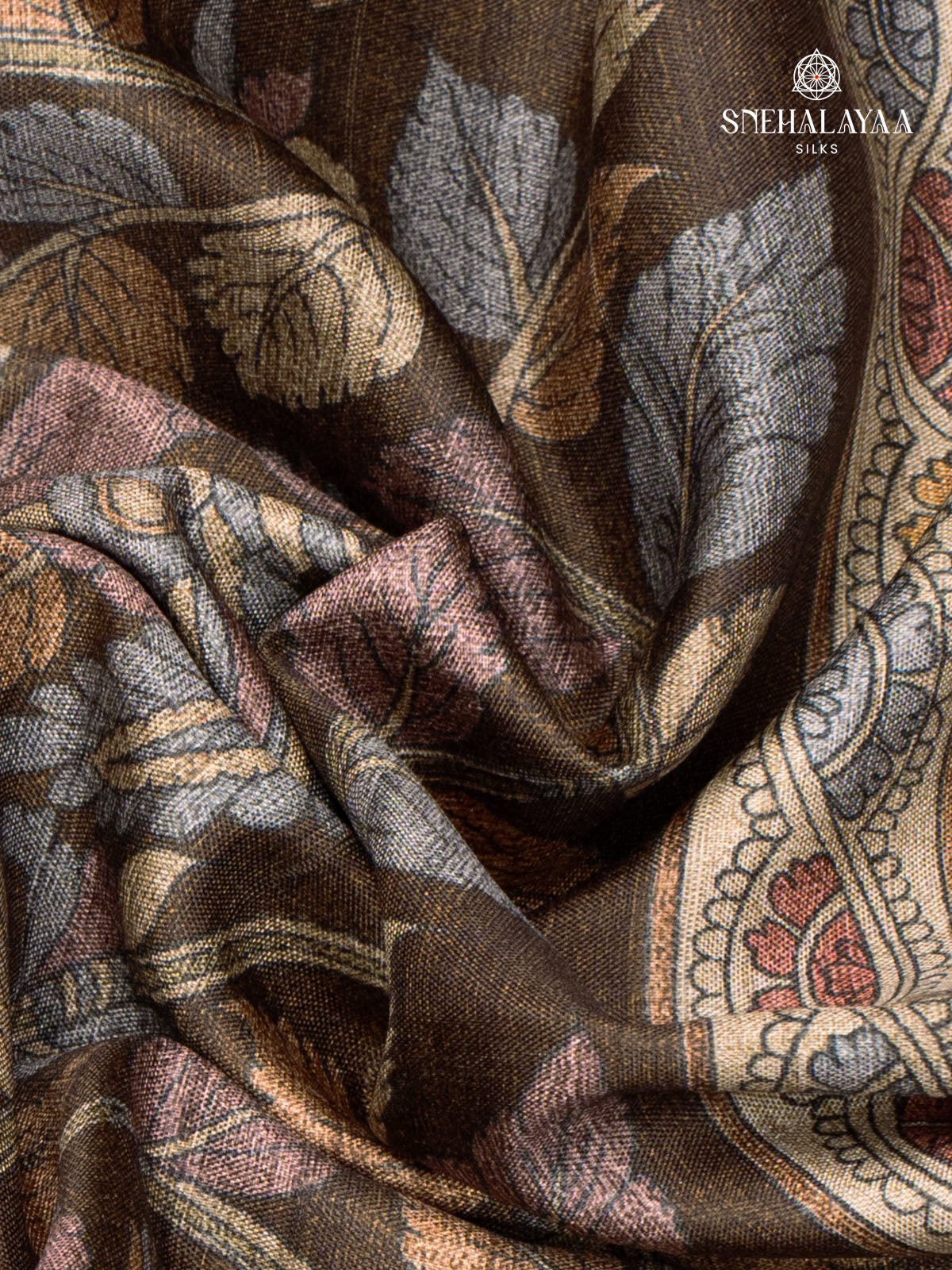 Brown Printed Tussar Saree