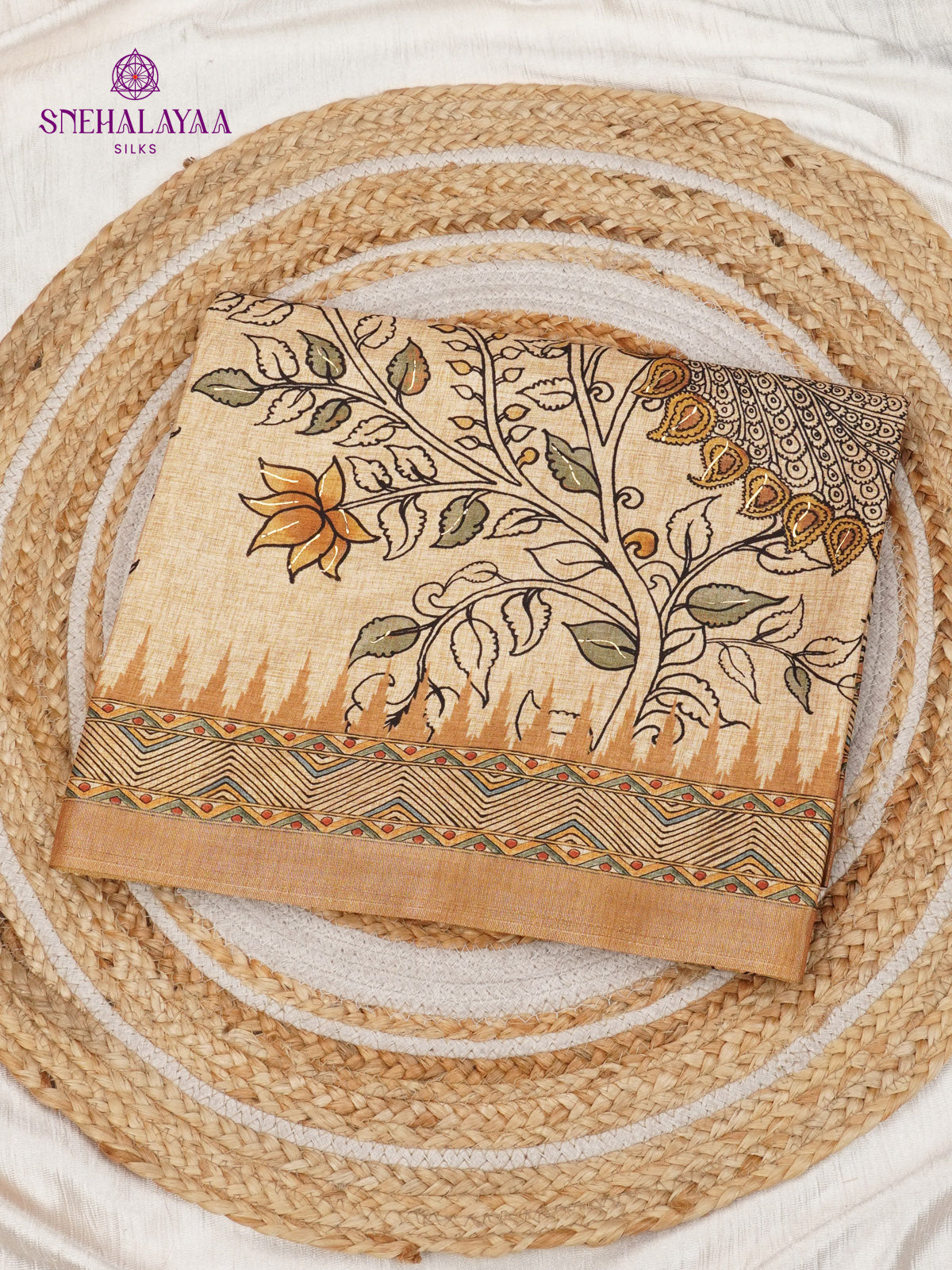 Beige With Pastel Orange Border Floral Printed Tussar Saree