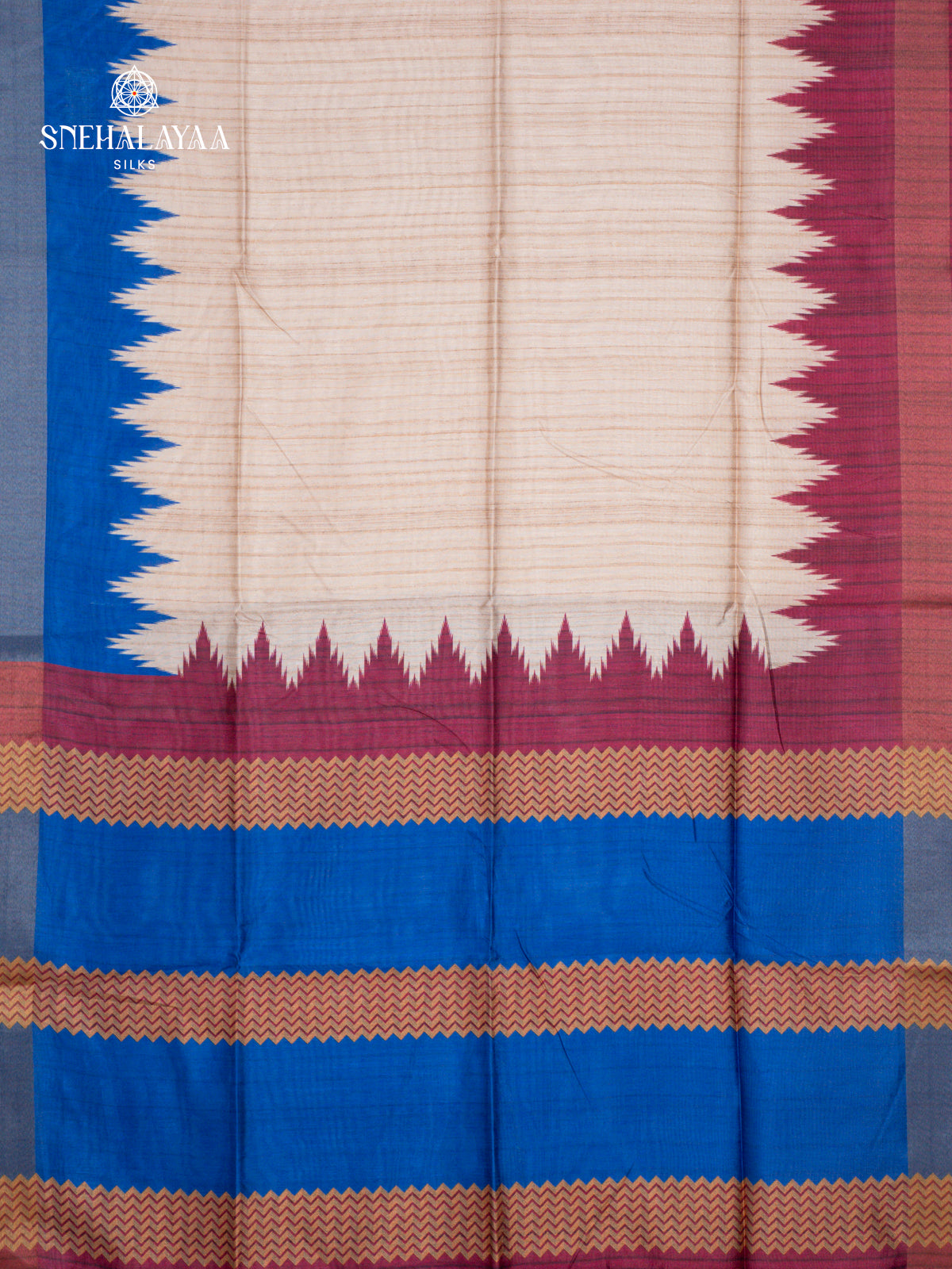 Beige With Blue Border Tussar Saree