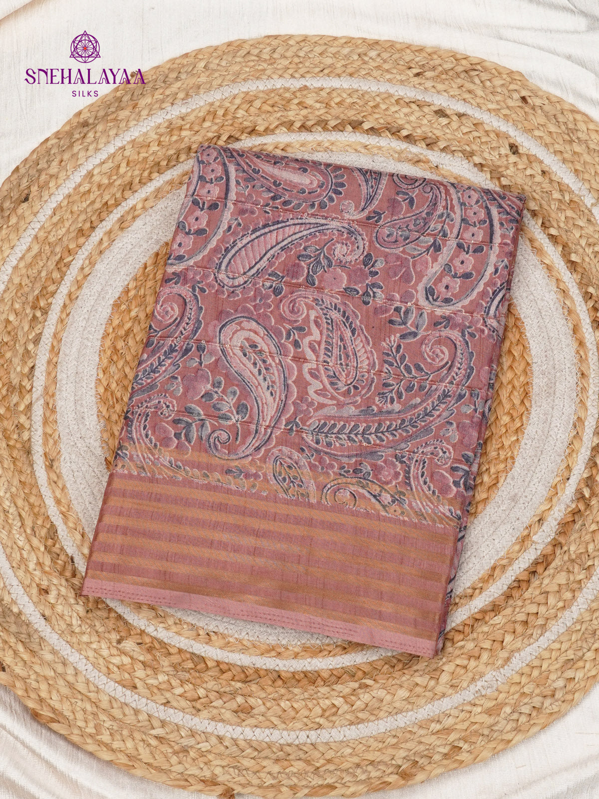 Pastel Pink Floral Printed Tussar Saree