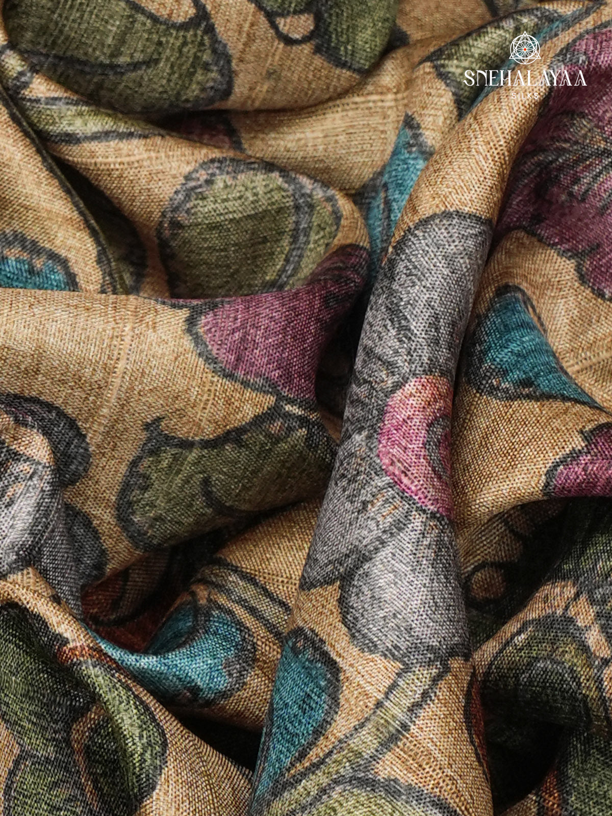 Beige Floral Printed Tussar Saree