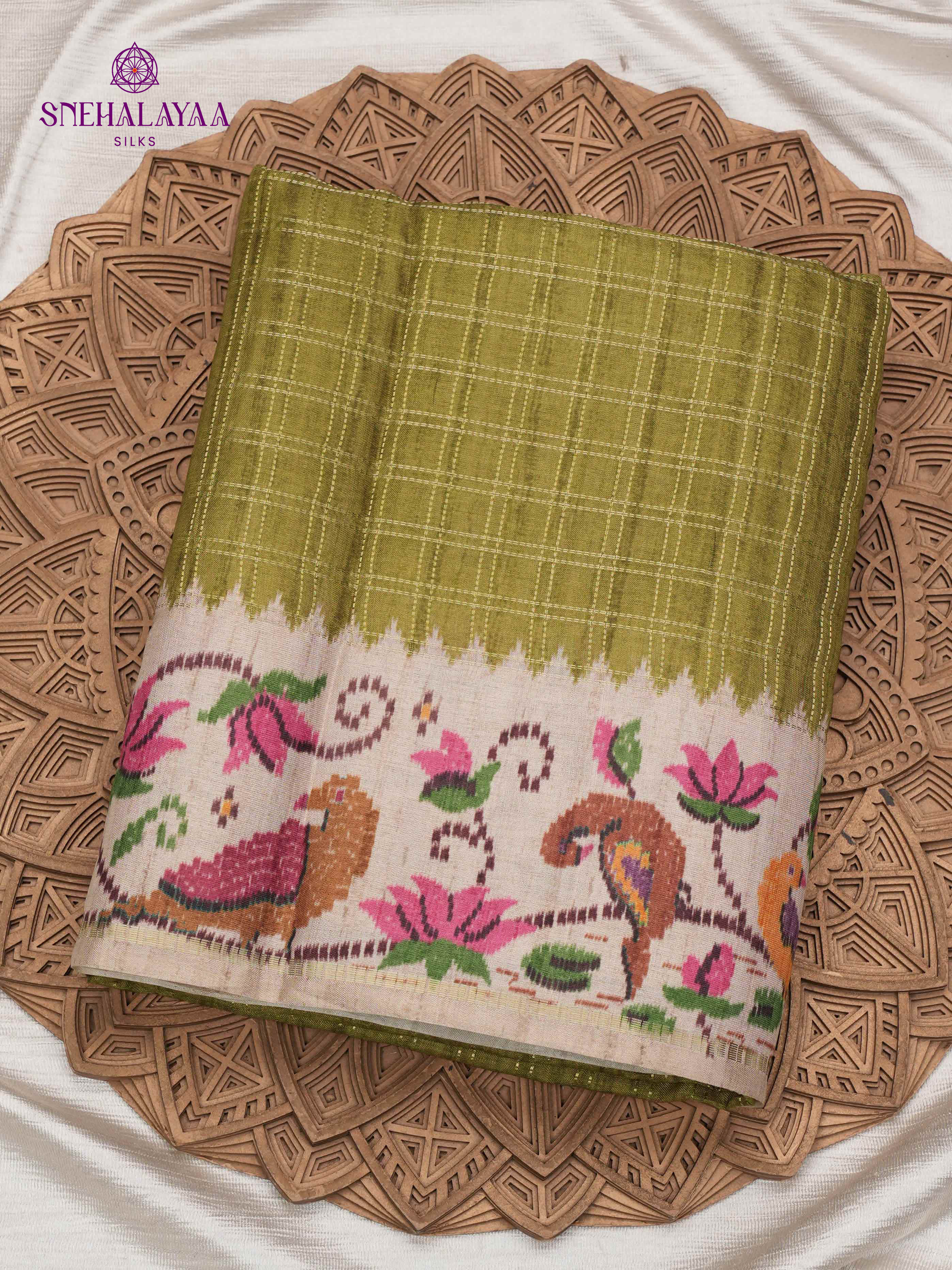 Olive Green Floral Printed Tussar Saree