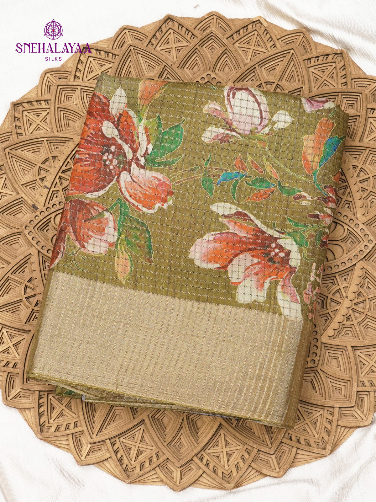 Blue Floral Printed Tussar Saree