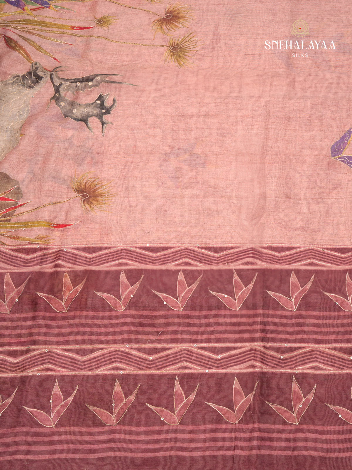 Peach Pink Linen Embroidery Saree