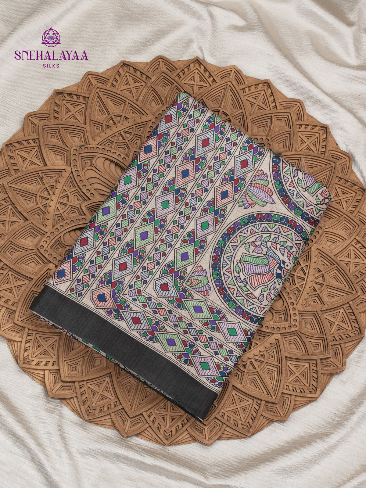 Beige With Black Border Madhubani Saree