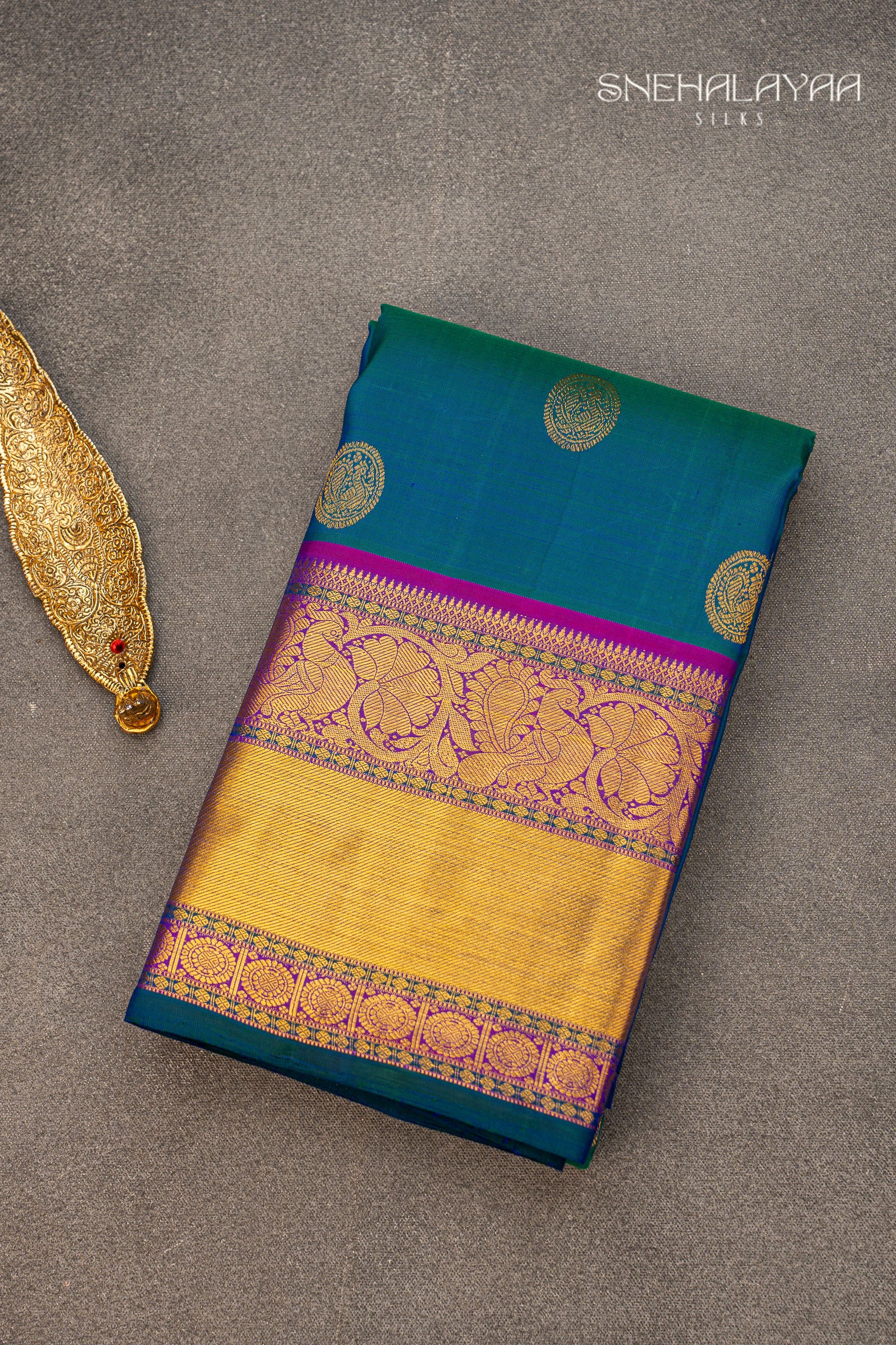 Peacock Blue Kancheevaram Silk Saree