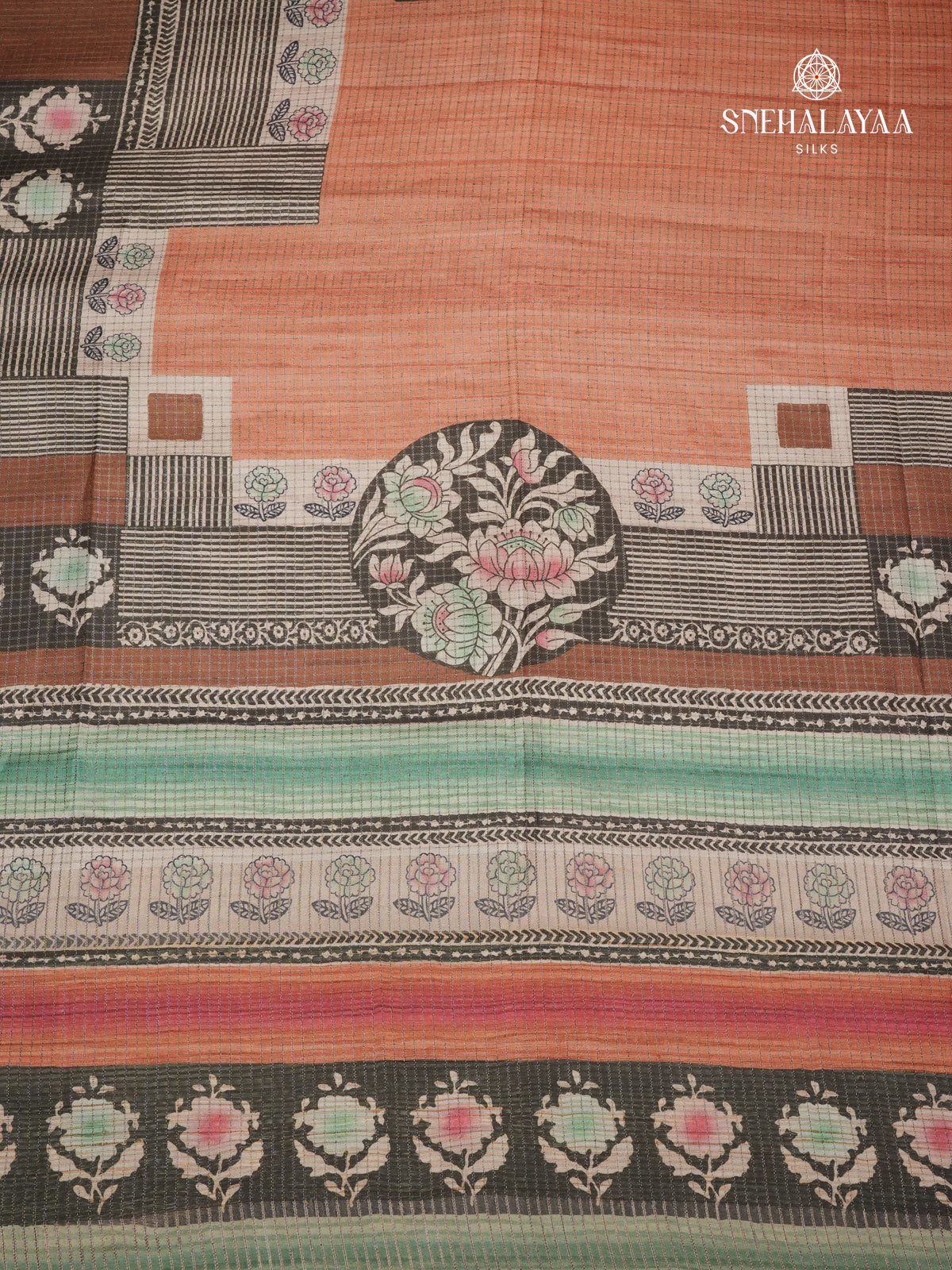 Orange Floral Printed Tussar Saree