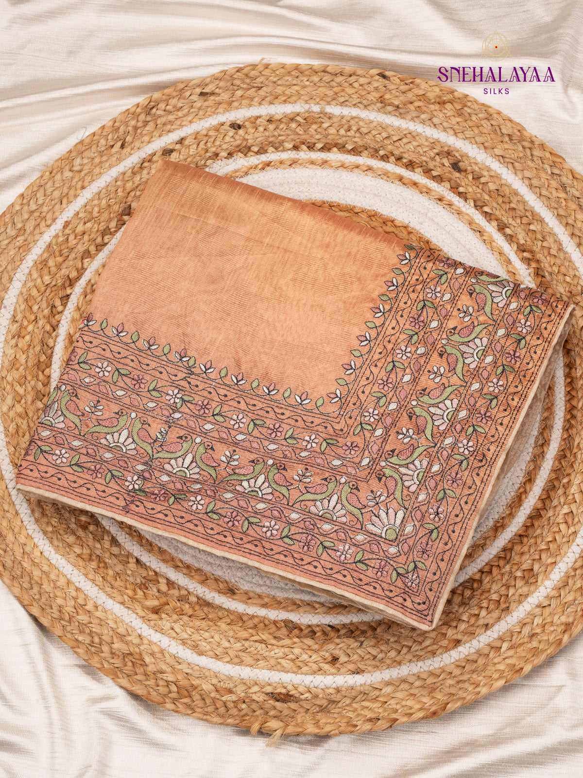 Orange Linen Embroidery Saree