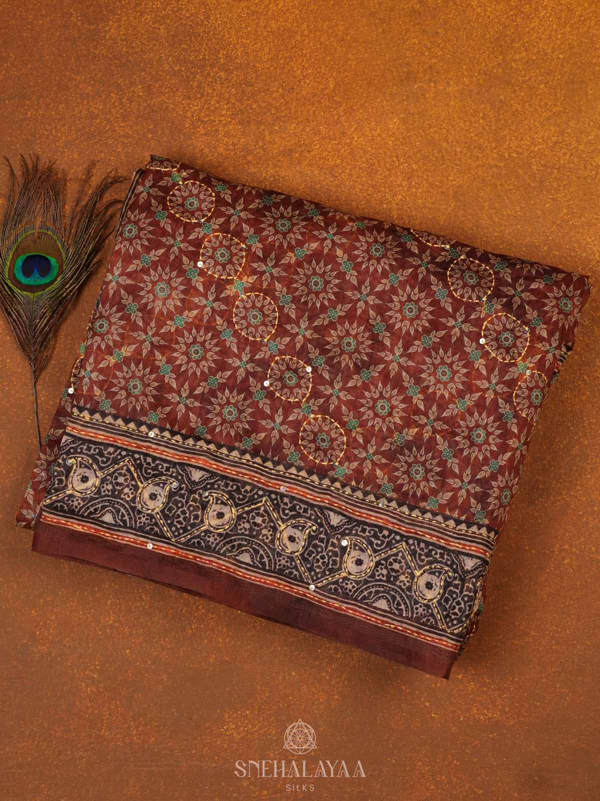 Brown Embroidered Chanderi Saree