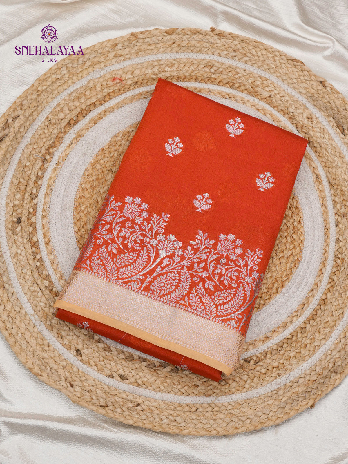 Brick Red Chiniya Silk Saree with Cream Woven Border