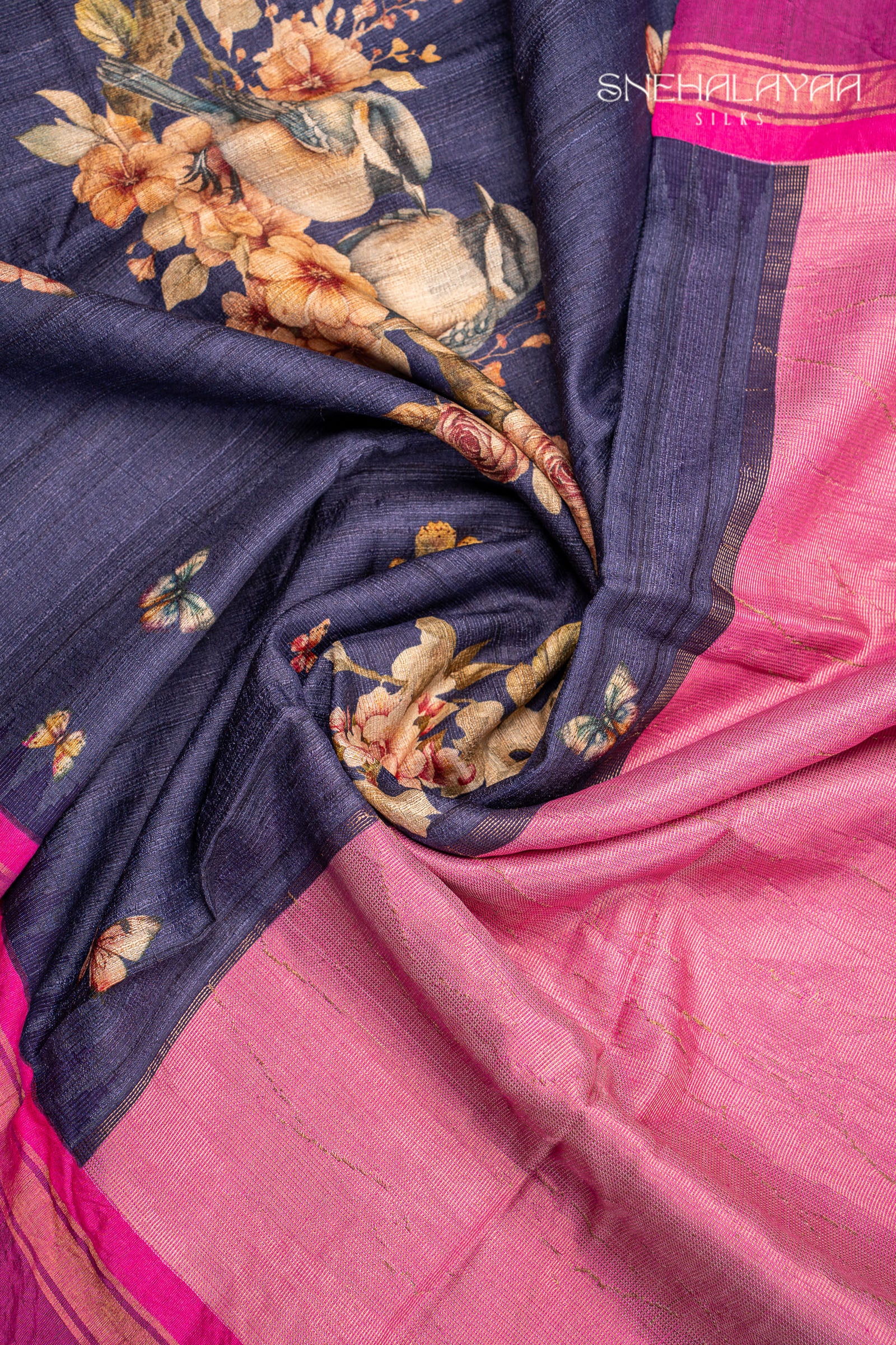 Indigo Blue Jute Tussar Saree