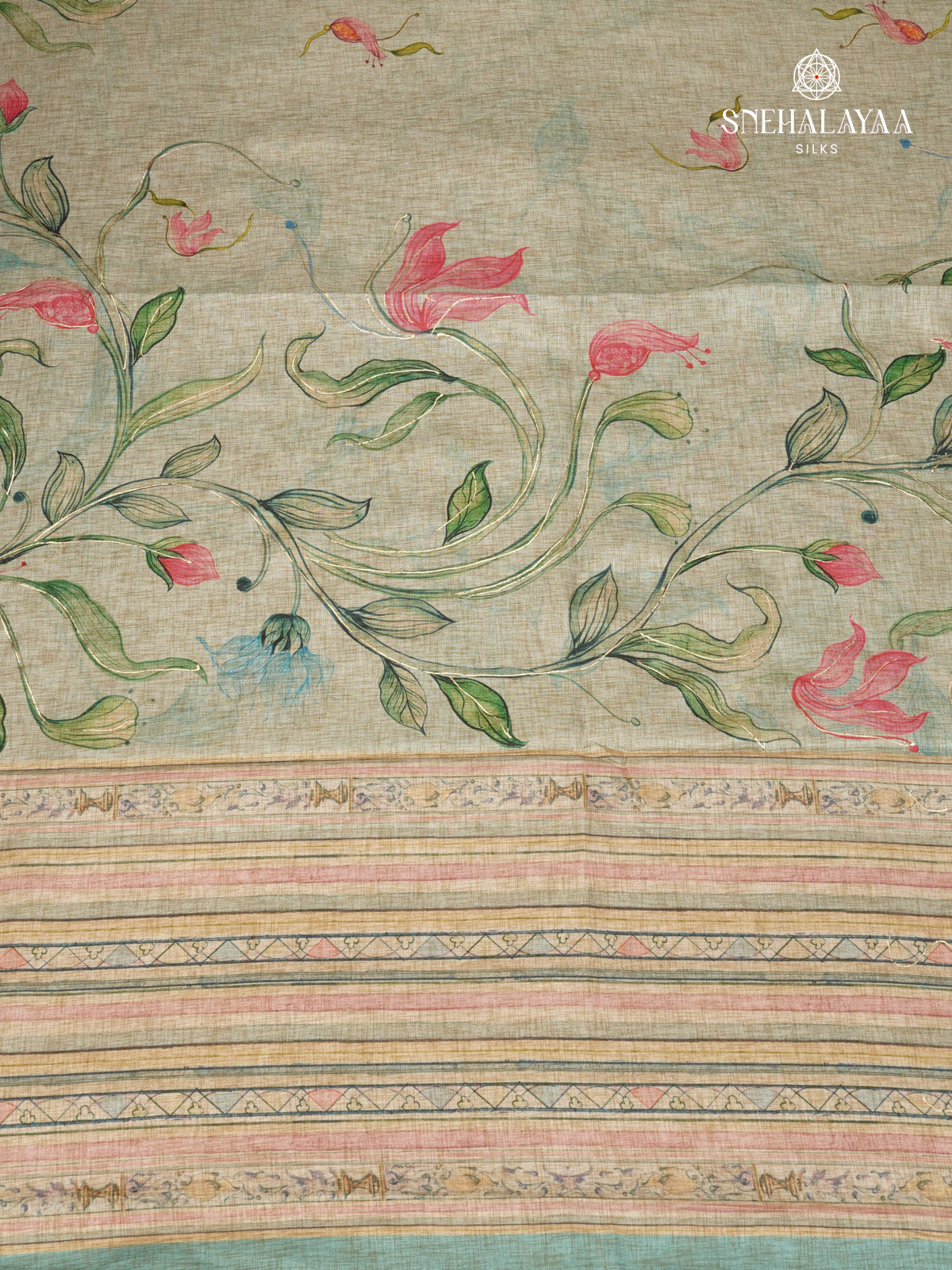 Grey Floral Printed Tussar Saree