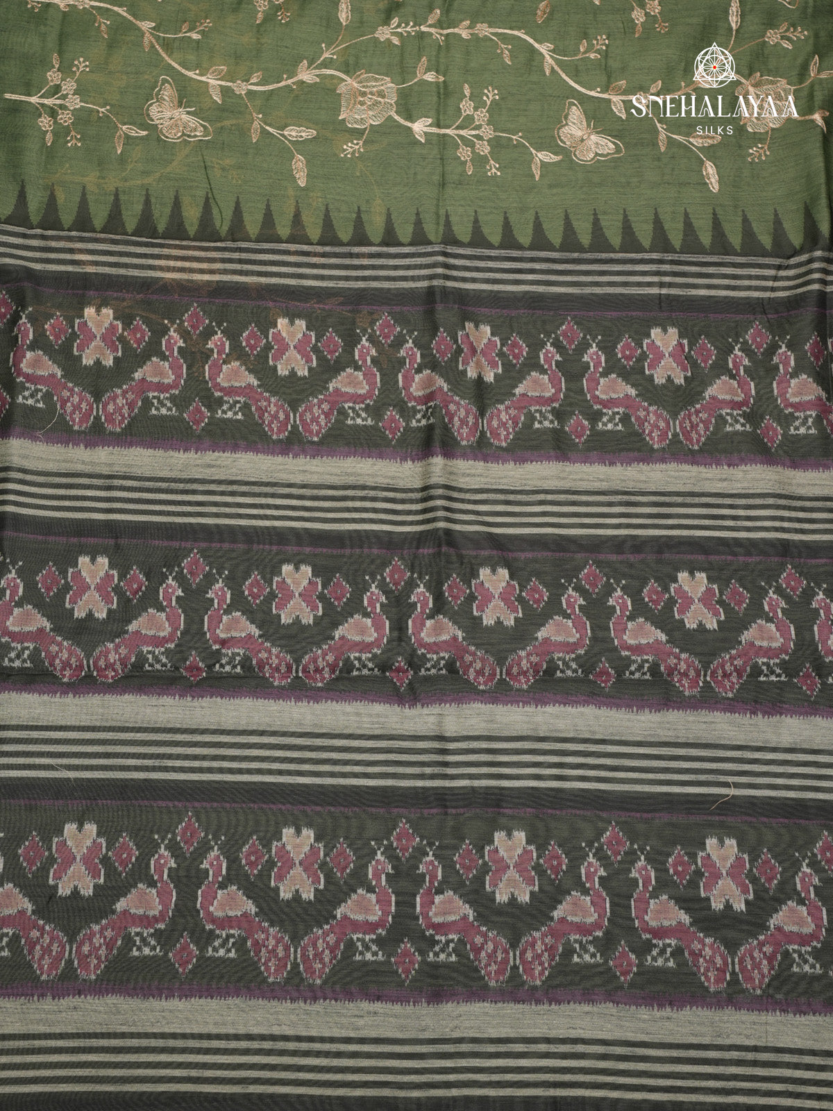 Bottle Green Linen Embroidery Saree