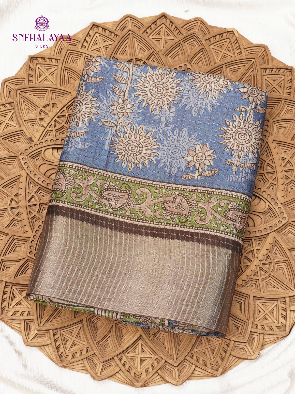 Pastel Blue Floral Printed Tussar Saree