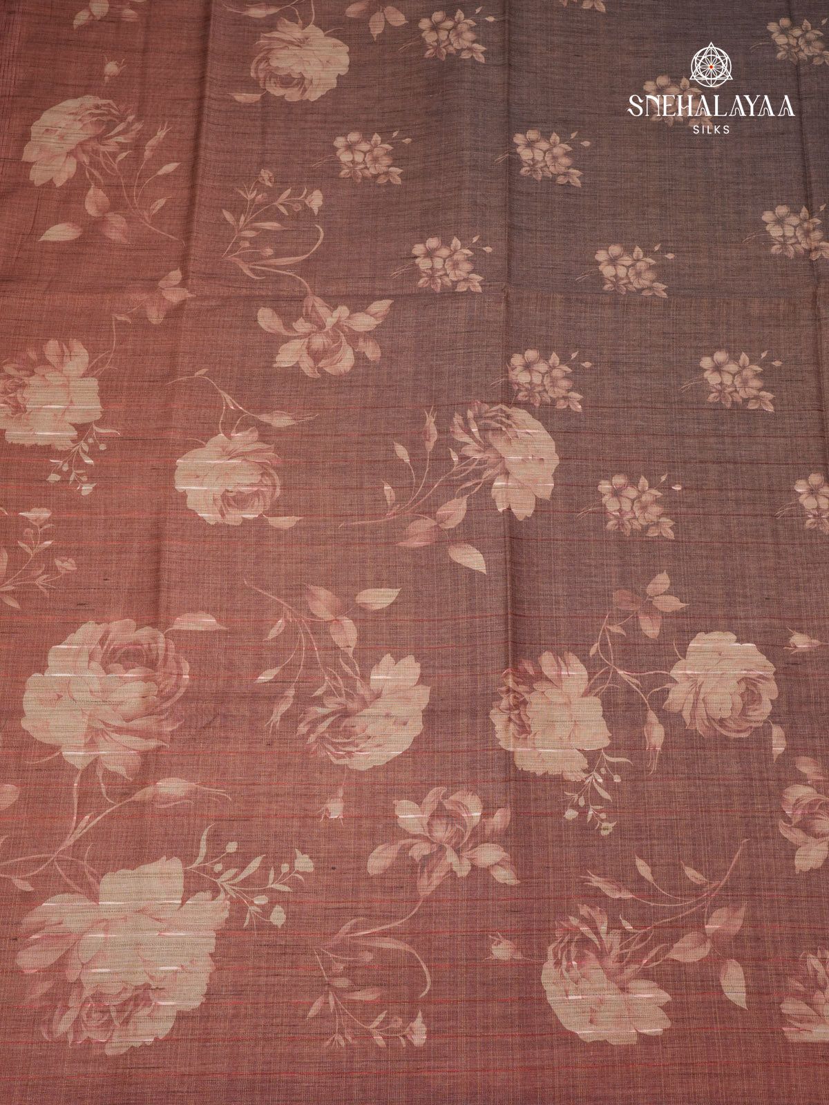 Brown Floral Printed Tussar Saree