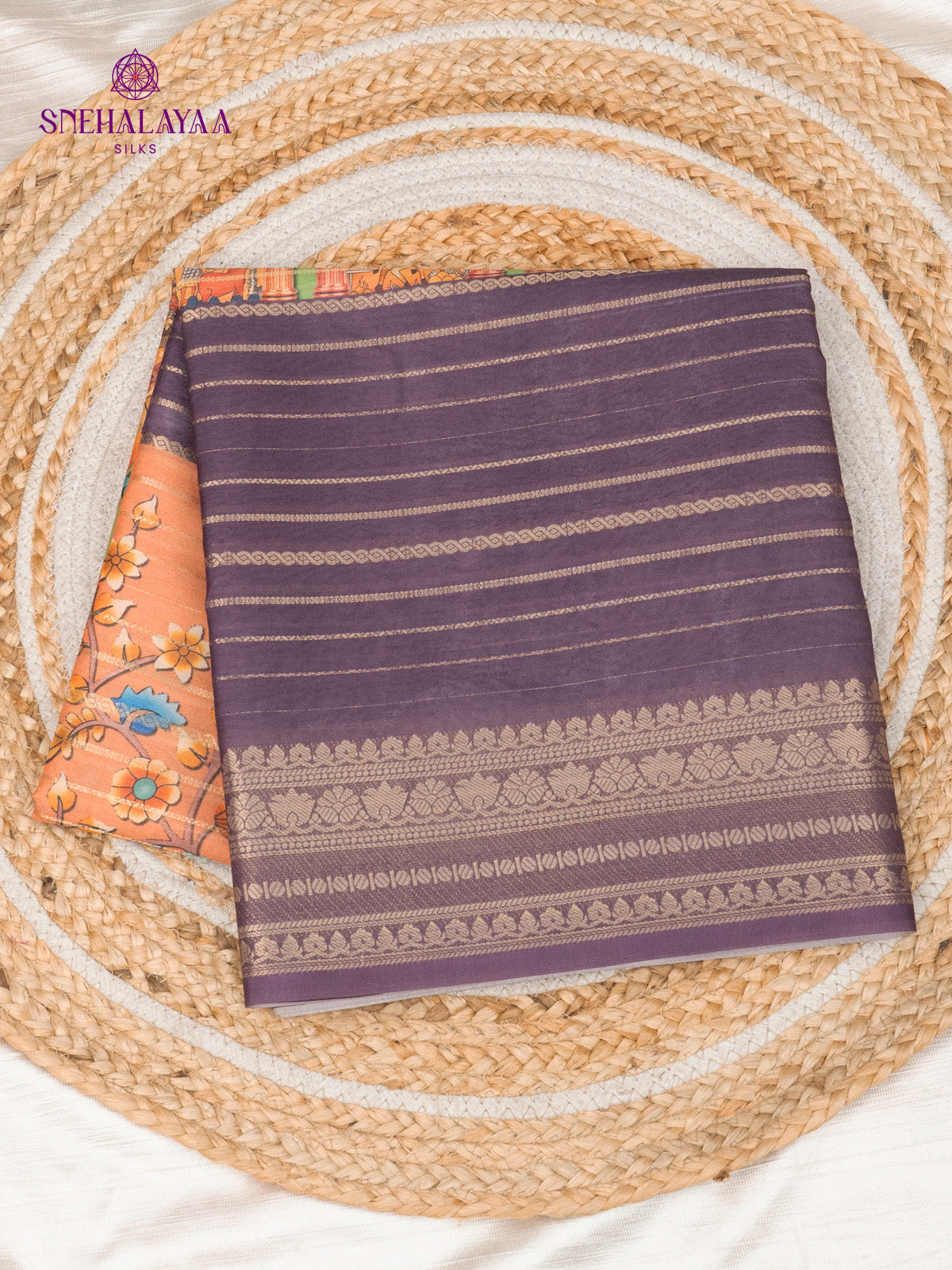 Mustard Orange Printed Mysore Silk Saree