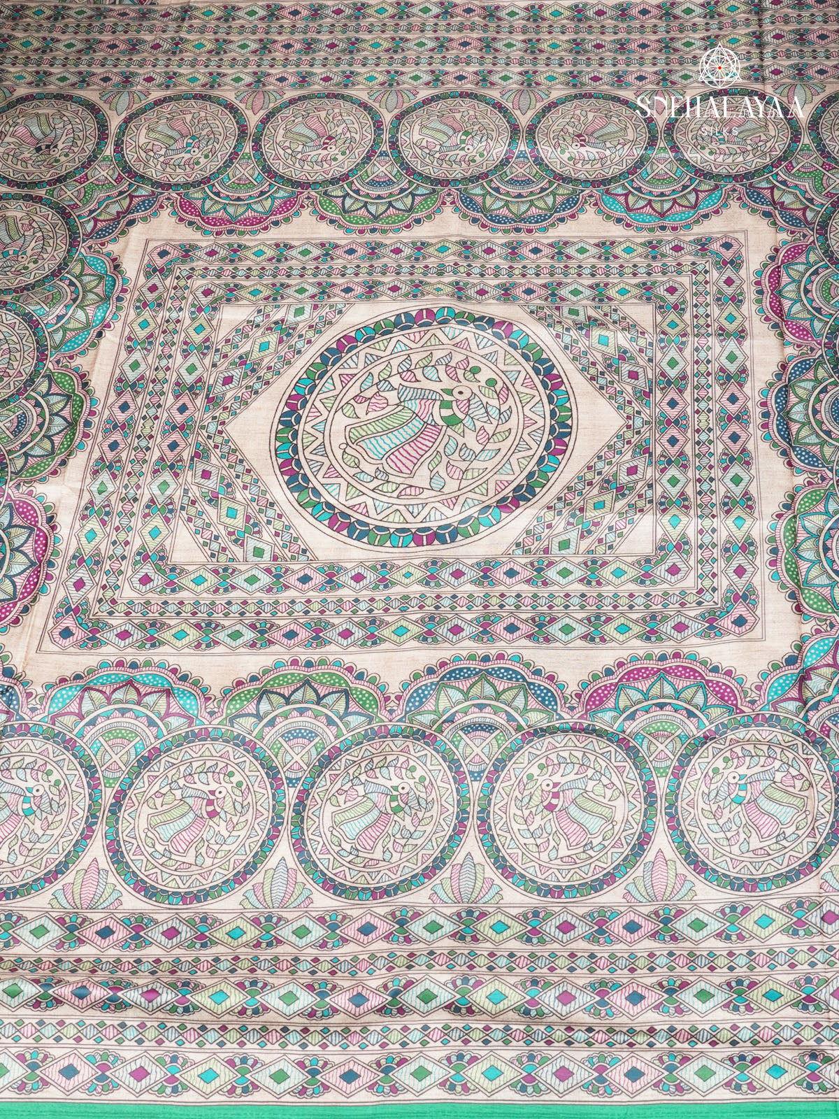 Beige With Green Border Madhubani Saree