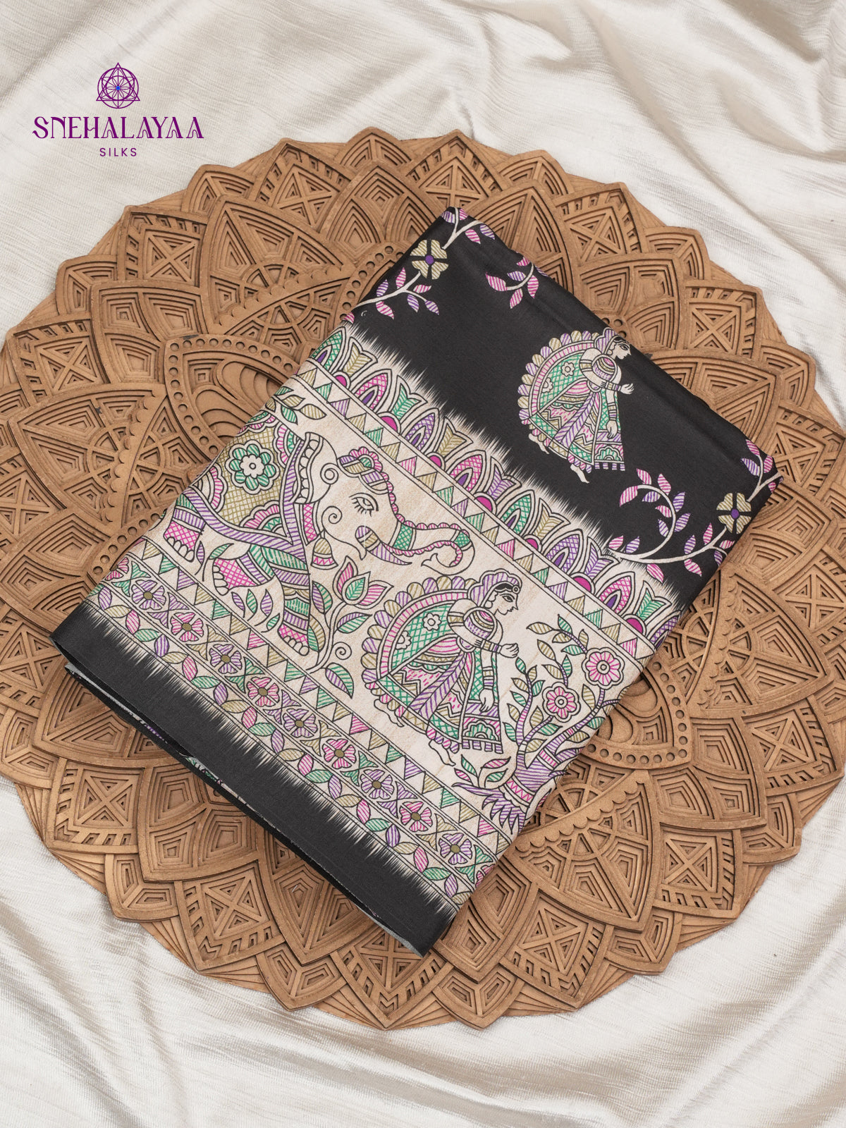 Black Madhubani Printed Saree