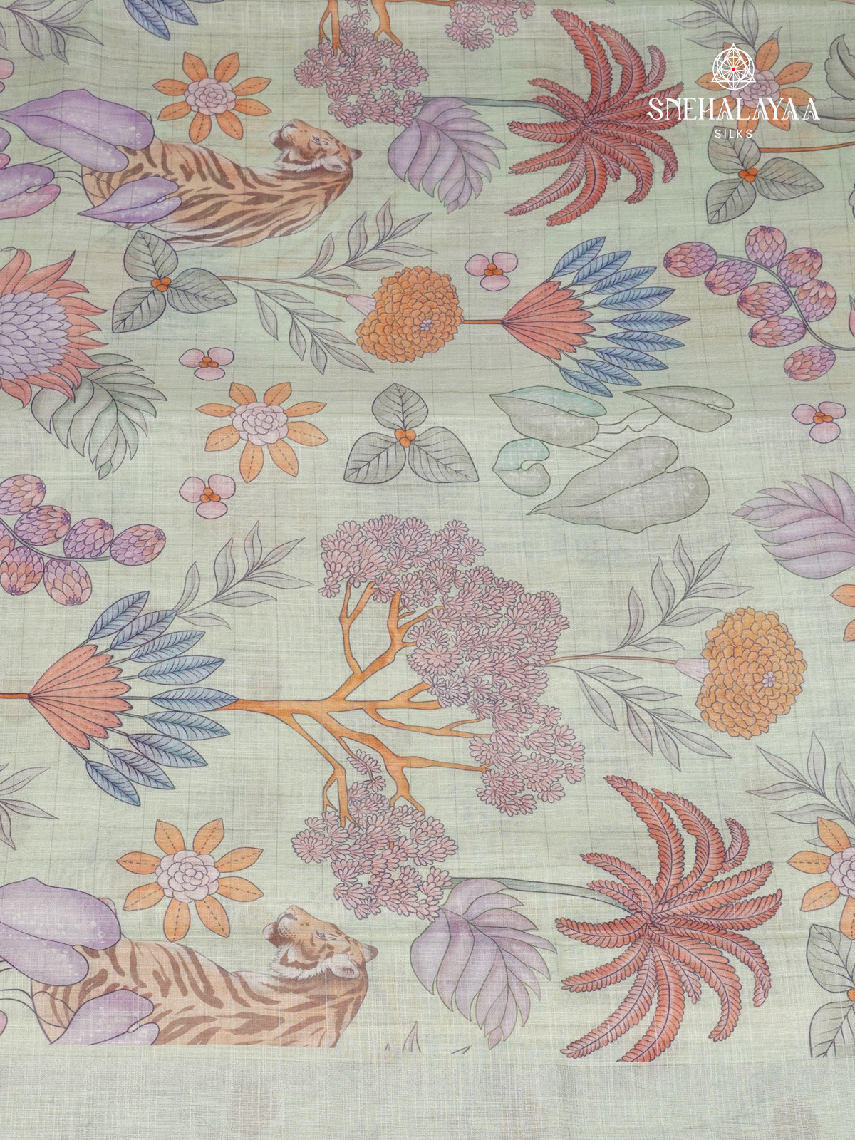 Pastel Green Printed Linen Saree