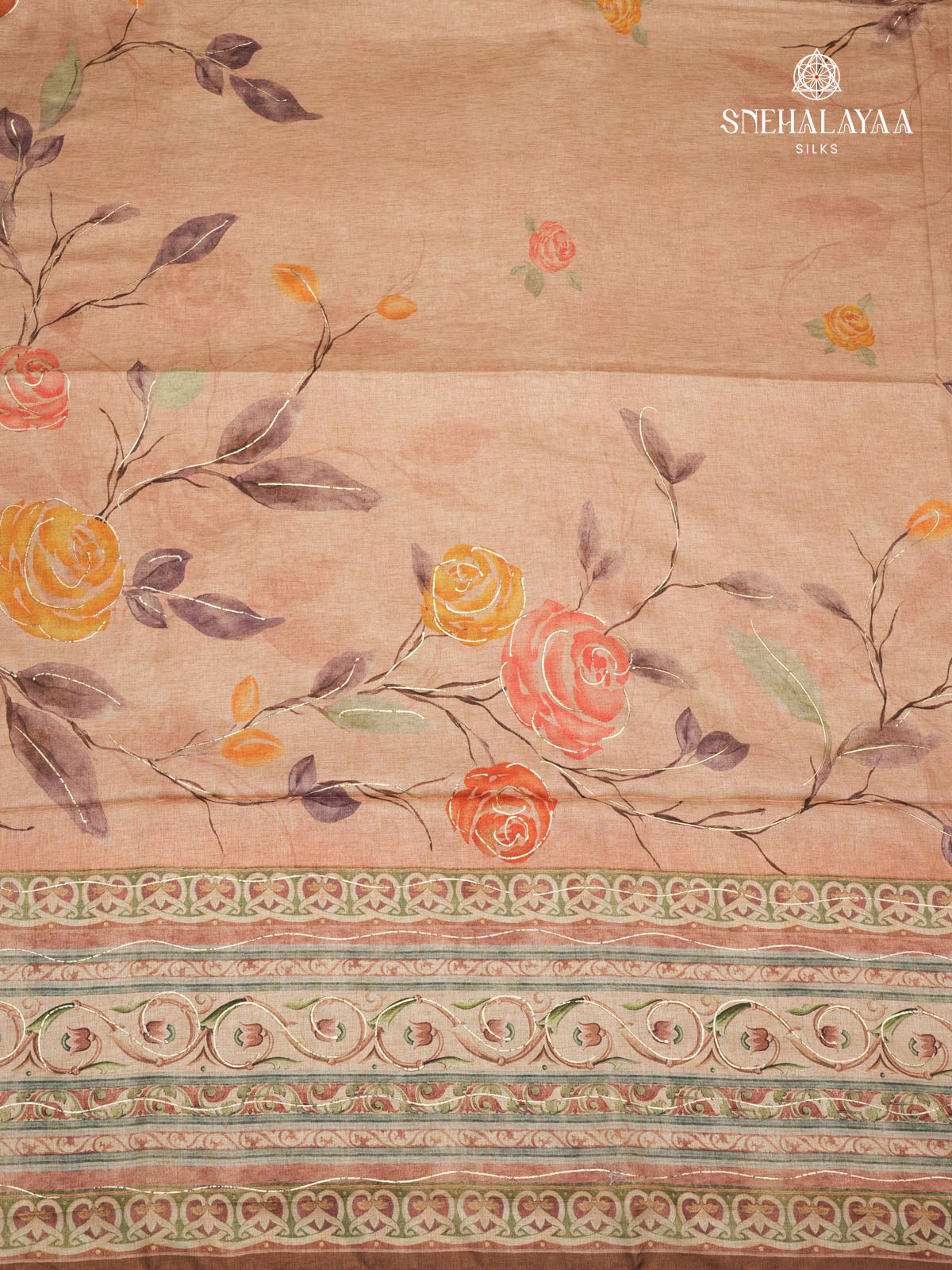 Peach Floral Printed Tussar Saree