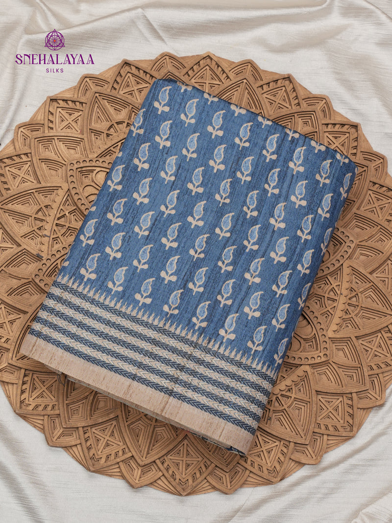 Blue Tussar Embroidery Saree