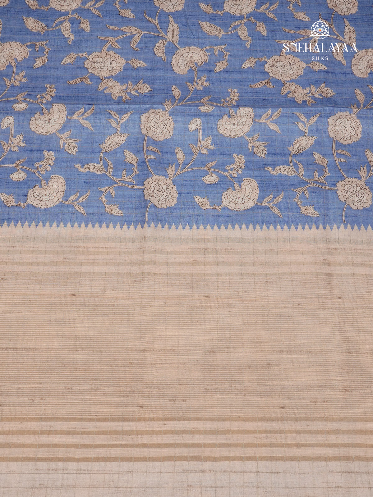 Pastel Blue Floral Printed Tussar Saree